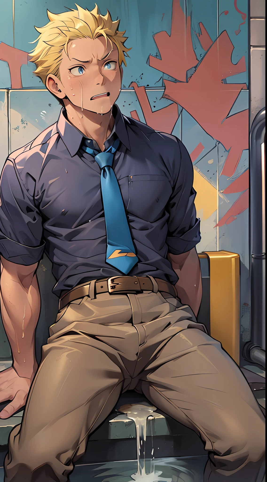 （1 Adult male），A high resolution， Sharp focus， Pixiv masterpiece， （（Complicated details））， highly  detailed， natsuki_subaru， 1 man，perfect male figure，Urine on the trouser leg， Nervously bow your head，is shy，embarressed，exhilarated，is shocked，panicking，worry，A pool of urine formed around him，Very eager to pee，Unbearable，Wet yourself，Urine discharge，full bodyesbian，sit astride，Tired，decadent， blue color eyes（eyes glowing）， Short yellow hair，Yellow shirt，Wear a tie，Wear a belt，trousers，perspire，Drenched，Get wet，pissing，urine flows down the pants，look from down
