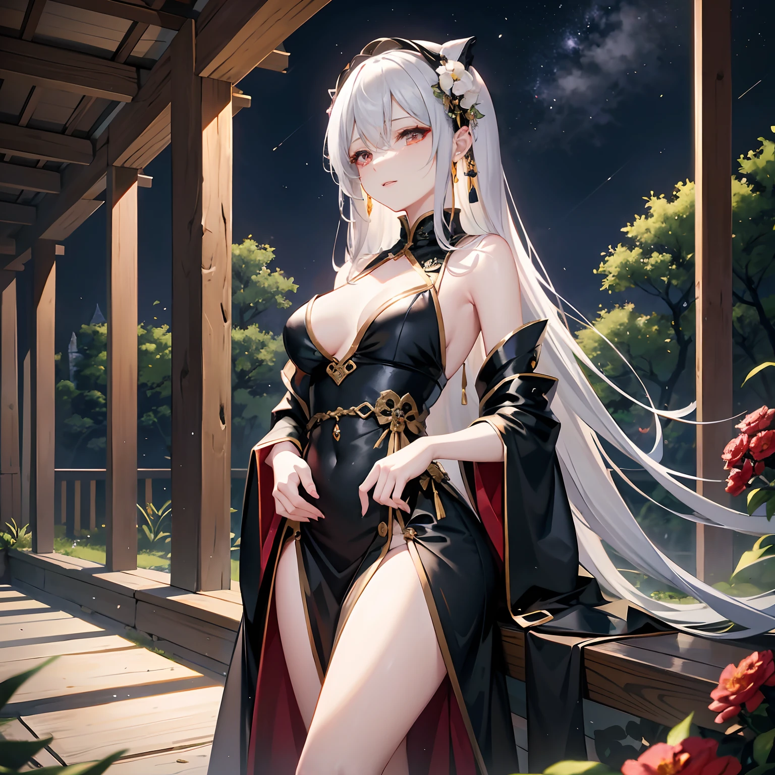 ,Masterpiece, Best quality,8K, 超高分辨率,Late at night in the forest,A bright moon hangs high in the sky。The shadows of the trees swayed,An old house came into view。Stone walls wrapped around ivy imprisoned the house in secluded darkness。Vampire queen standing in the doorway,The beautiful figure reveals a thousand years of silence and wisdom。Her hair is as long as a waterfall,light breeze,Silver flashes。Her slender and tall body was draped in a gorgeous black gauze robe,Like the embodiment of the night。The corners of her mouth turned up slightly,It seems to mock the short human life and the fear of ignorance。The surrounding flowers and trees seemed to fall in love with her,Silently guarding this eternal existence。