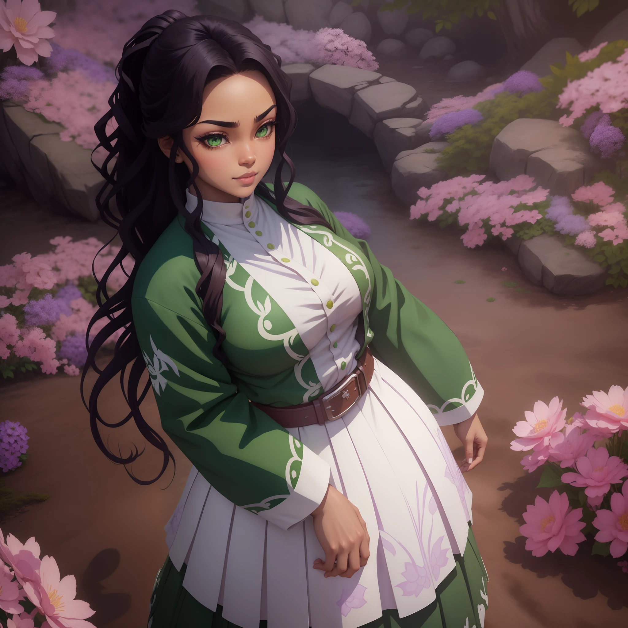 Original Character, demon slayer, Volumetric Lighting, Best Shadows, Shallow Depth of Field, Portrait Of Stunningly Beautiful dark skin Girl, curvy body, Delicate Beautiful Attractive Face With Alluring jade green Eyes, Sharp Eyebrows, Broadly Smiling, Lovely Medium Breast, big plump dark brown juicy lips, long wavy shiny black hair in a jumbo twists, Thick manga eyelashes, demon slayer uniform with white belt, green haori jacket with purple and pink butterfly patterns, nichiri sword with purple flower pattern handle, Outside beautiful garden surrounded by flowers,Outdoor Unit, Standing, admiring nature, (Highest Quality, Amazing Details:1.25), (Solo:1.3), Brilliant Colorful Paintings, demon slayer art, demon slayer art style, demon slayer