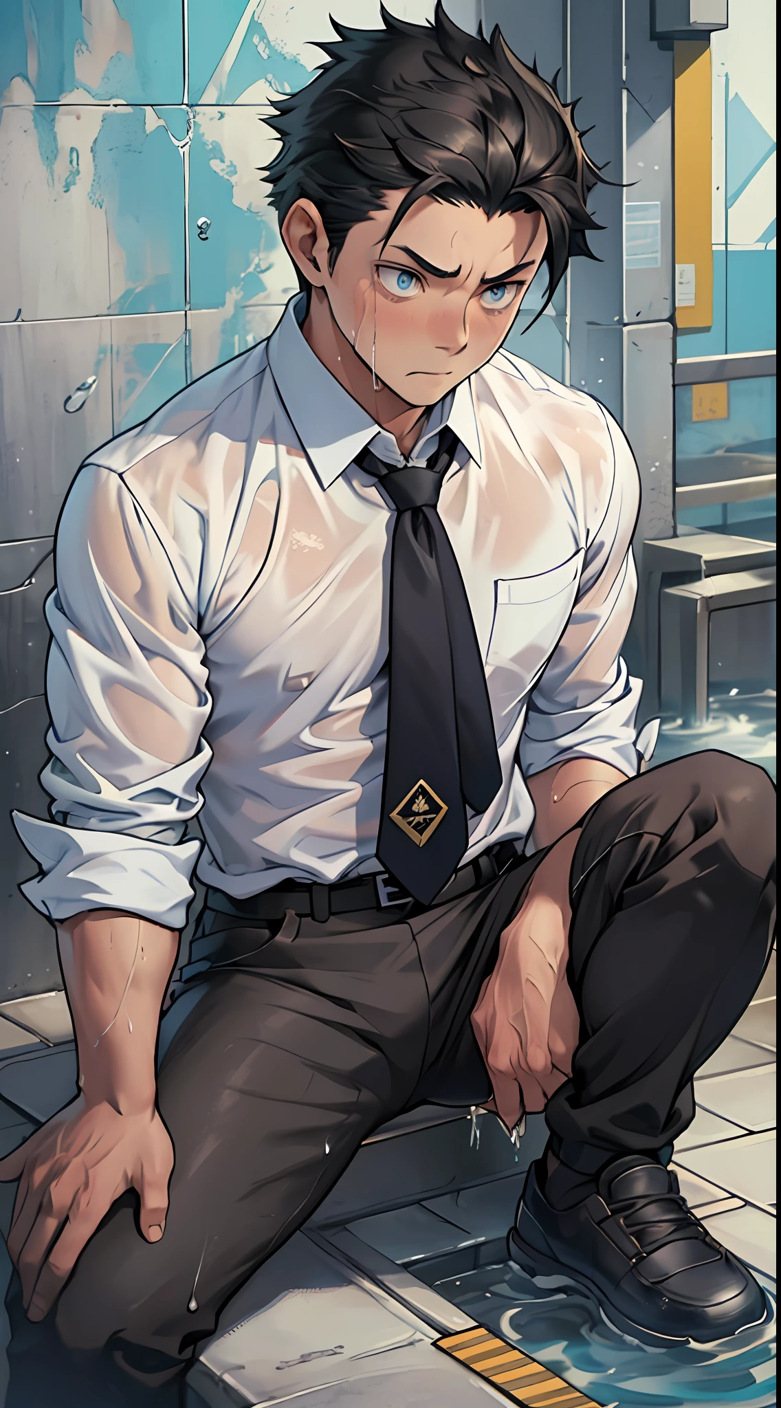 (1 Adult male),A high resolution, Sharp focus, Pixiv masterpiece, ((Complicated details)), highly detailed, natsuki_subaru,Multi-view upper body,Suit pants view, 1 man,is shy,Pee on the legs,pissing,Urine runs down the thighs,embarressed,exhilarated,is shocked,panicking,worry,A small puddle of their own urine forms around the feet,full bodyesbian,kneels on the ground,Very eager to pee,It's uncomfortable,Wet yourself,Urine discharge, Sweaty crotch,Drenched,rain,The shirt is soaked,(A gesture of pleading),blue color eyes(eyes glowing), Short gray hair,white shirt,Wear a tie,Wear a belt,Black suit trousers,perspire,look from down