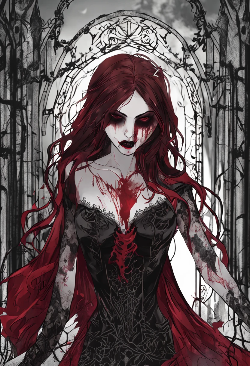 Masterpiece, Highest quality, 8K HD, 1 Vampire girl, Scary atmosphere, Gothic, Open mouth, Vampire teeth, Bared fangs, Blood red lips, Bleeding from the mouth, Lick your tongue greedily, (Night :1.8), Long burgundy hair, Strange expression, ears of elf, Black lace dress, Sexy, Vampire, (graveyard :0.8), (Exquisite European iron door :1.4), Full of thorns and roses, Under the red moon, crown, bat, Blood