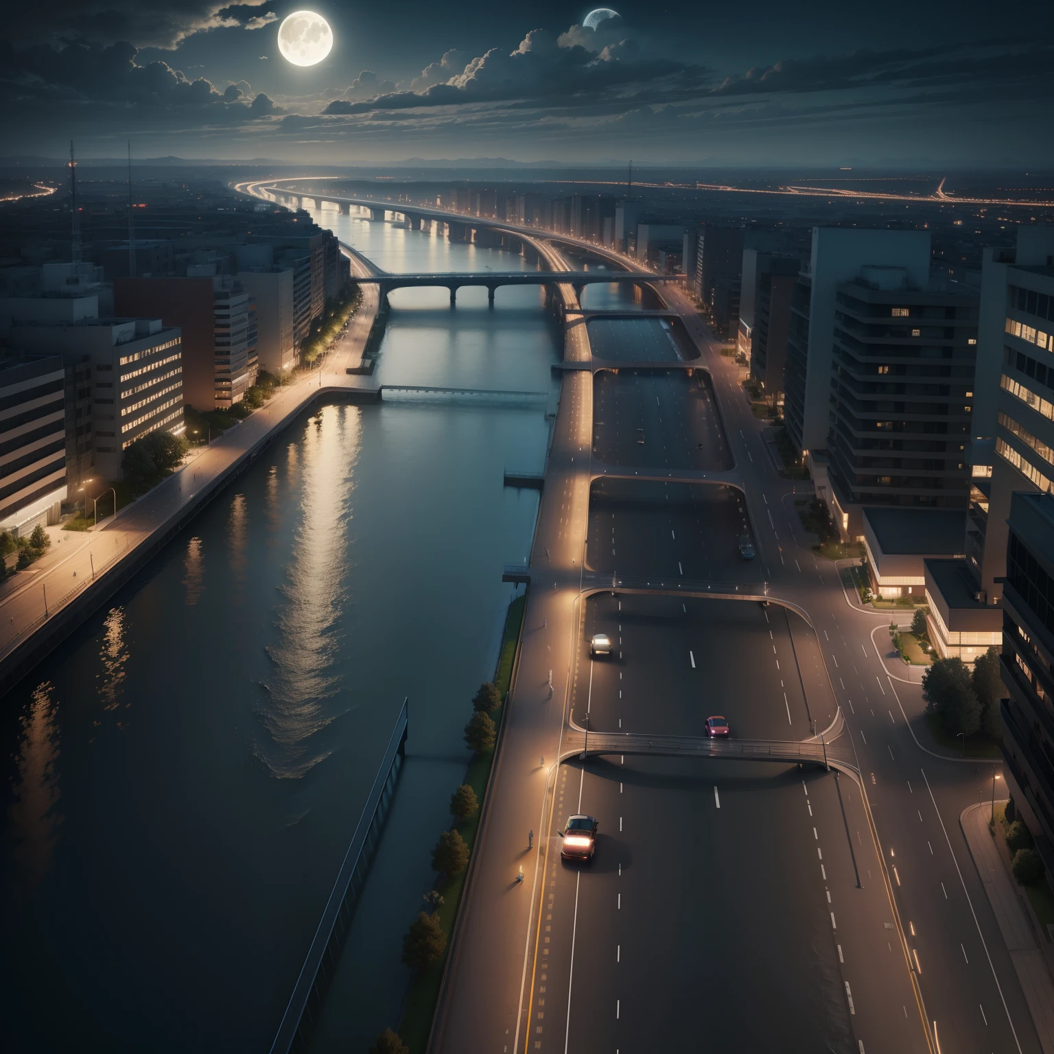 Dark night ,building, road,river moon and Star 4k HD