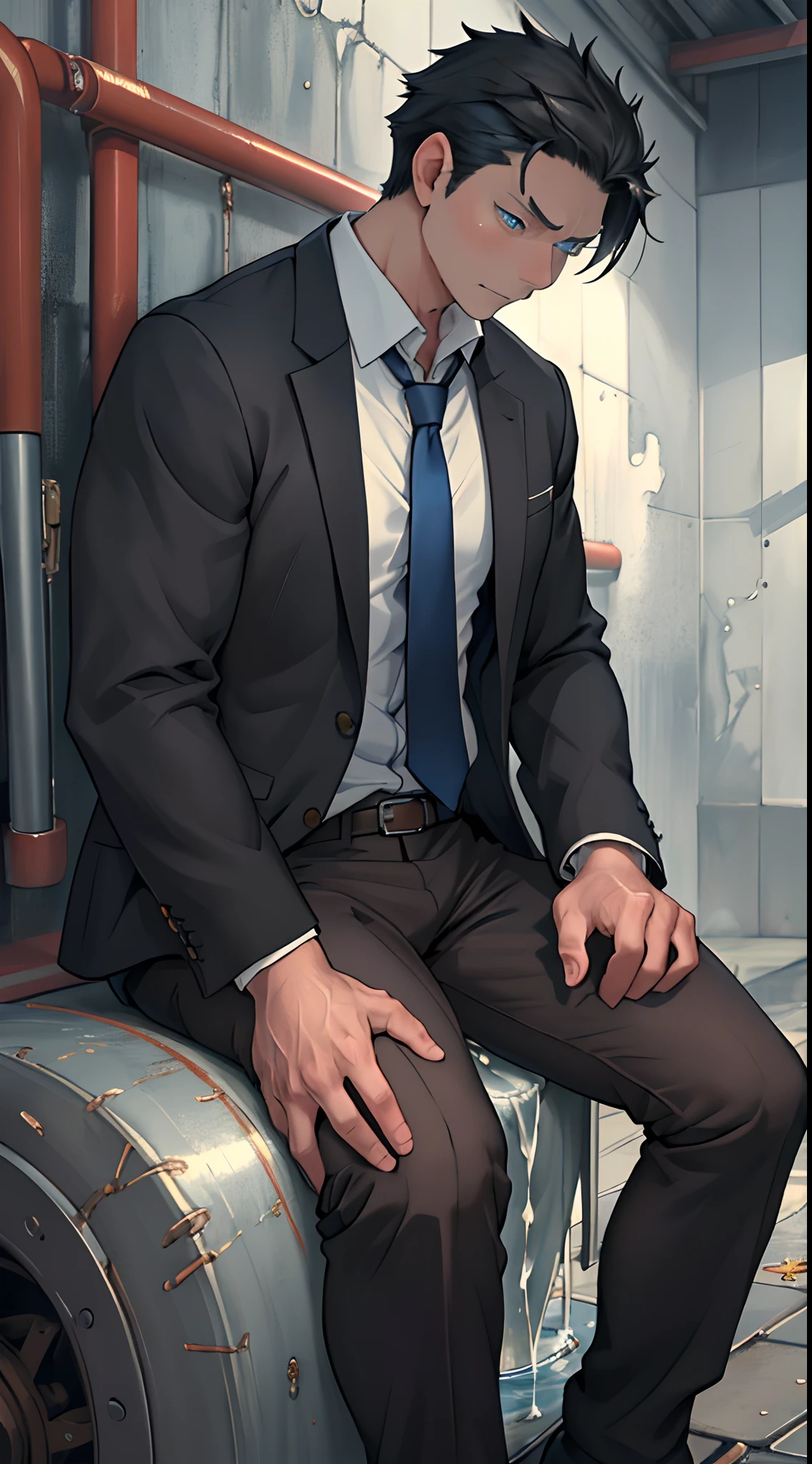 (1 Adult male),A high resolution, Sharp focus, Pixiv masterpiece, ((Complicated details)), highly detailed, natsuki_subaru, 1 man,perfect male figure,Urine on the trouser leg, Nervously bow your head,is shy,embarressed,exhilarated,is shocked,panicking,worry,A pool of urine formed around him,Very eager to pee,Unbearable,Wet yourself,Urine discharge,full bodyesbian,sit astride,Tired,decadent, blue color eyes(eyes glowing), Black hair short hair,white shirt,Wear a tie,Wear a belt,trousers,perspire,Drenched,Get wet,pissing,urine flows down the pants,look from down