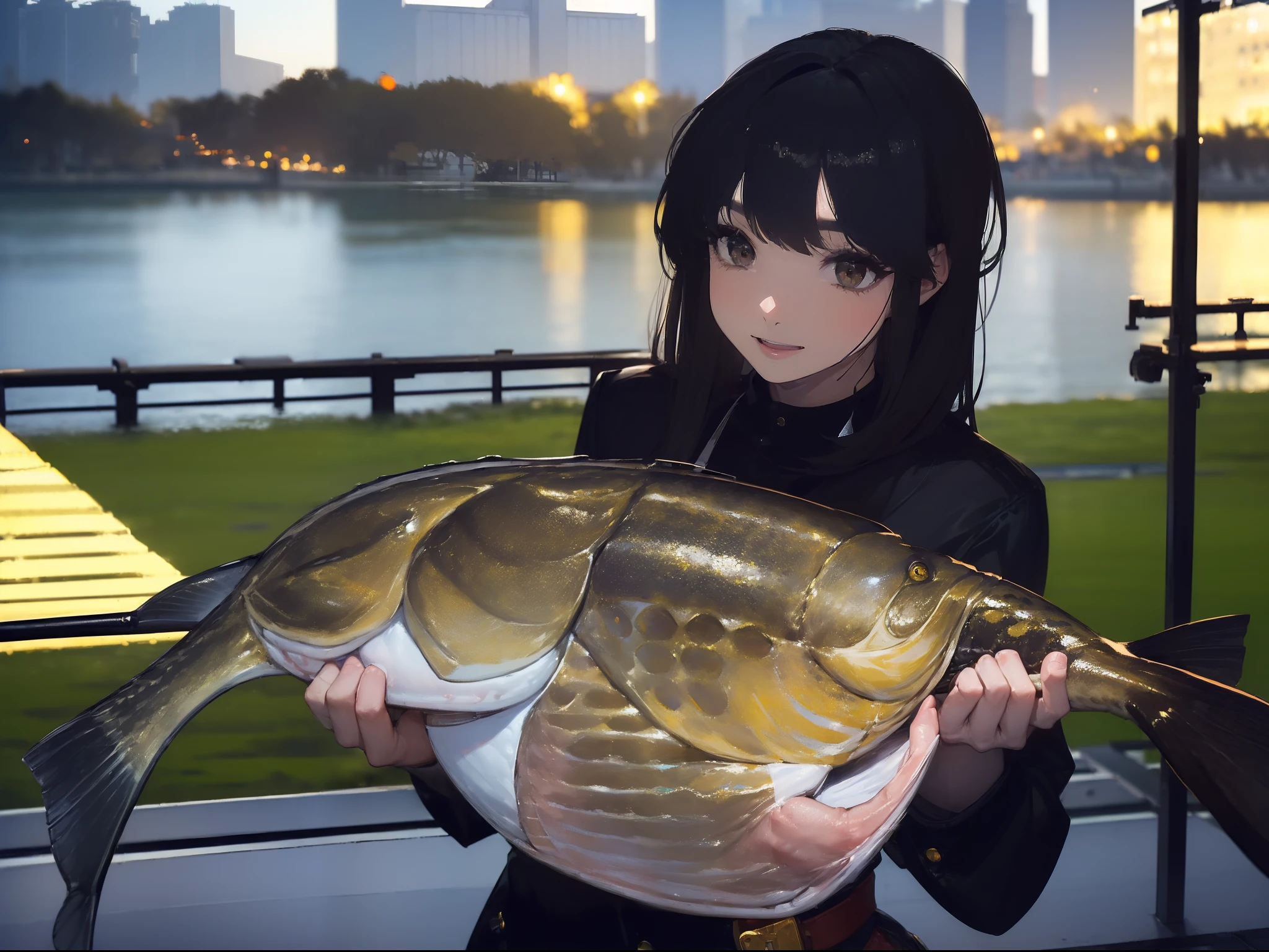 ((((Catch a big black bass by the lake:1.5)))),((1 female 22 years old))((Best Quality, masutepiece :1.5)),(((Hands with the correct number and structure of fingers:1.5))),hight resolution,ultra-detailliert,​masterpiece,best qualtiy,,Black hair, long eyeslashes, Solid Circle Eyes, Smiling Woman, drop shadow, Atmospheric perspective,Super Detail, ccurate, small brest,(Black jacket :1.1),top-quality, blurry backround, bokeh dof:1.2, (​masterpiece:1.3),  Atmospheric perspective,Super Detail,dynamic compositions