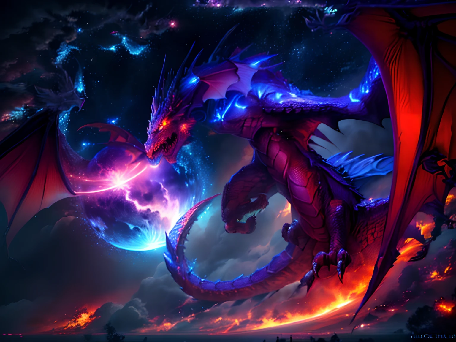 There is a dragon that is flying over a planet, epic dragon, Dragones ultraterrestres, Lightning Dragon Attack, legendary dragon, ''dragon breathing fire, Battle with the Dragon, Pintura digital Godrays, colossal dragon as background, dragon art, Dragon flying, dracónico, Giant dragon flying in the sky, dios de los dragones, dragon flying in the sky, Guiverno