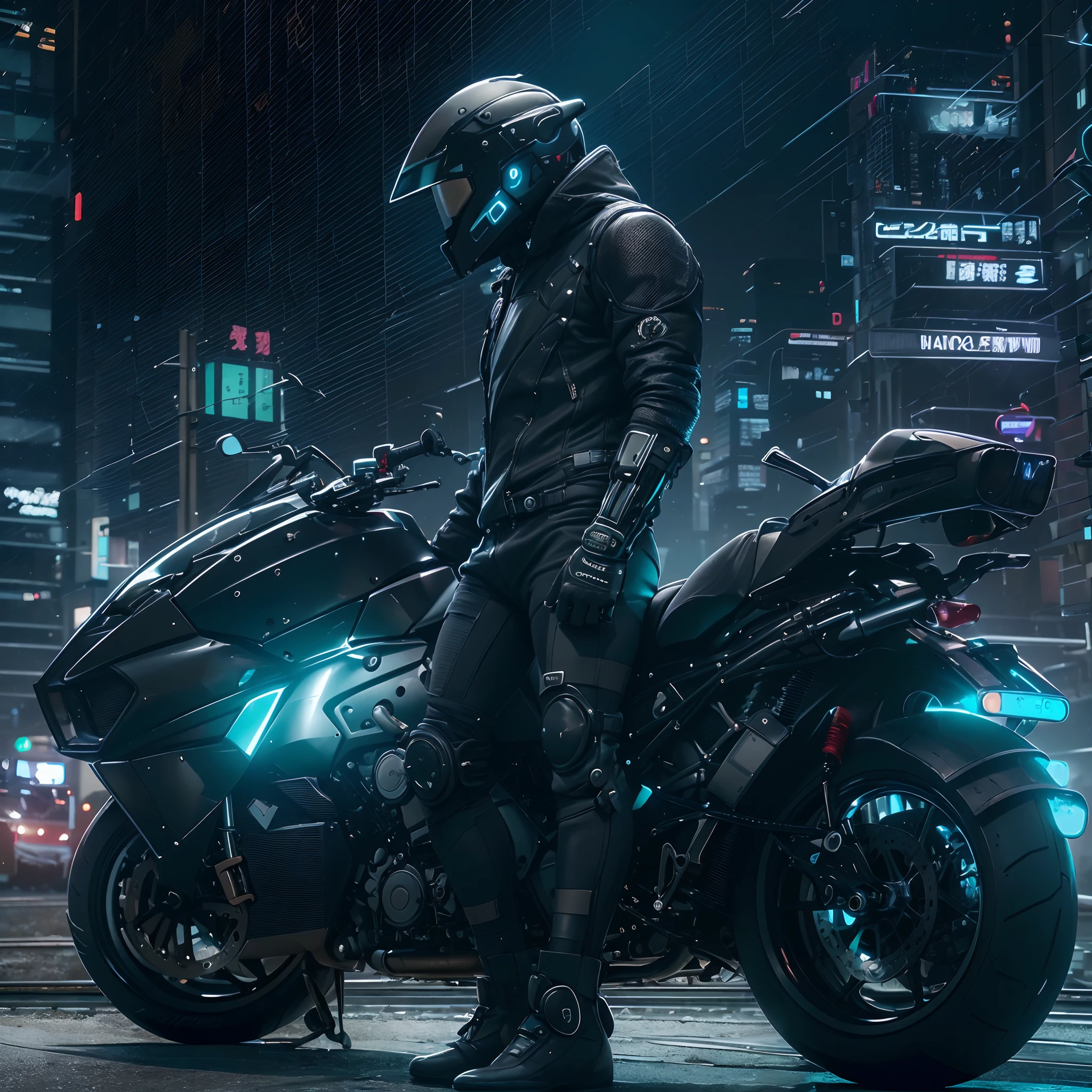 top-quality、超高分辨率、（cyber punk style：1.3），1 Men、sci-fy、Black motorcycle suit、(Locomotive helmet:1.2)、mitts, riding a futuristic motorcycle, Photo, The background is the city in the evening,Live action,jpn,独奏,Tall structures