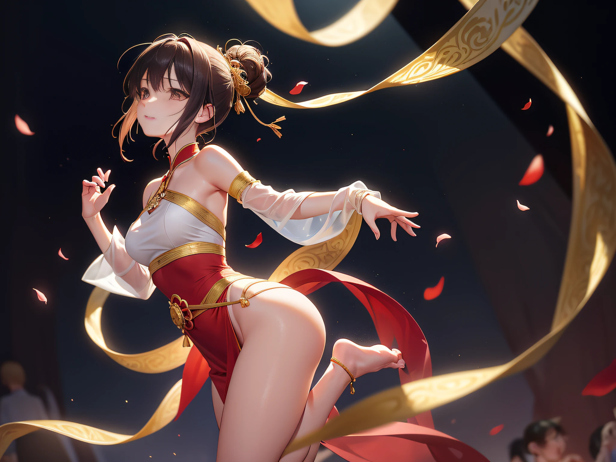 Barefoot and lightweight,Fall in the middle of the stage,A string of gold bells at the ankle,It is lined with Maihime's slender wrists,Loose red gauze pants reveal the fairness of the skin,With the dance, The calves are inadvertently exposed and smooth,Seductive under red light。A golden ribbon is wrapped around the waist,Not loose,But everyone can see it,The curve of her waist resembles a winding green snake。,With deadly elegance,The deliberately unretracted part of the ribbon flew from time to time as the figure moved,Lick the air like a snake letter。The tight wrap is loosely covered with a layer of red tulle,Dance along, It seems to fly unintentionally,Reveal a gelatinous back,Smooth skin,Fragile bony phase,Not greasy or dry。The finely cut smooth arm is loosely wrapped around the red yarn layer,Dance gently,Soft fingers twitched the hearts of the audience in the audience。