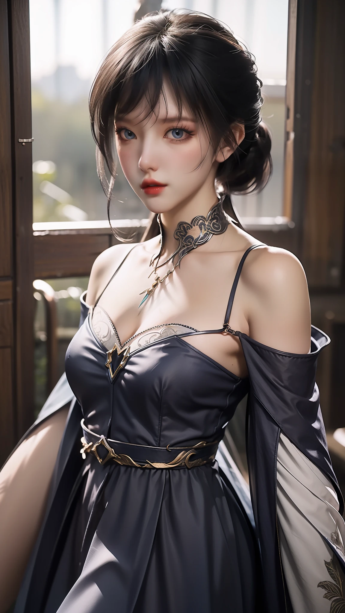Hatsune Miku character,((upscale, 8k, masterpiece: 1.5)), Clear public areas: 1.2, perfect body beautiful: 1.4,gray long hair,black and red cutout,bright smile,Round breasts,Areola visible,Big breasts,huge cleavage,Big breasts,necklace,earrings,Anklet,Plump ass,Crawling kneeling position,Stick up your butt,,open your legs,Clear liquid dripping,Shooting angle,from below