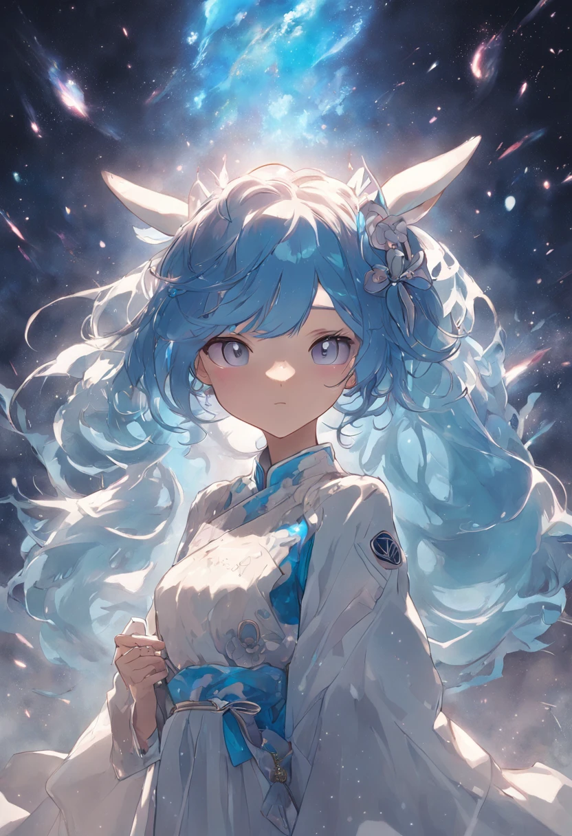 (first person perspective, in a panoramic view,magic realism,surrealism,Chiaroscuro, anime illustration:1.5,,Masterpiece, hyper HD, Super detail, High details, Best quality, A high resolution, A high resolution, Award-Awarded, Award-Awarded, Anatomically correct, 8K),(Delicate anime girl:1.5,blue hairs,Rabbit-shaped headdress:1.5,Gaze at the human moon:1.5,There is a huge satellite suspended in space,A brilliant nebula in the background:1.5),( Chic girl,anatomy correct,Cinematic lighting,senior color matching,Dark background),(Side close-up of 1 delicate girl),(Anime girl with blue hair and blue and white dress:1.2,palaces,hanfugirl,Rabbit-shaped headdress:1.5,Gaze at the top left corner:1.5),(Guviz-style artwork,Guvitz,inspired by Leng Mei,Inspired by Lee Mei Shu,Popular on CGstation,Inspired by Ai Xuan,Blue and white Hanfu,a beautiful fantasy empress:1.5),(A flowing dress,conservative girl,cloud goddess,Flowing blue and white patterned fabric,wearing flowing dress,Realistic)