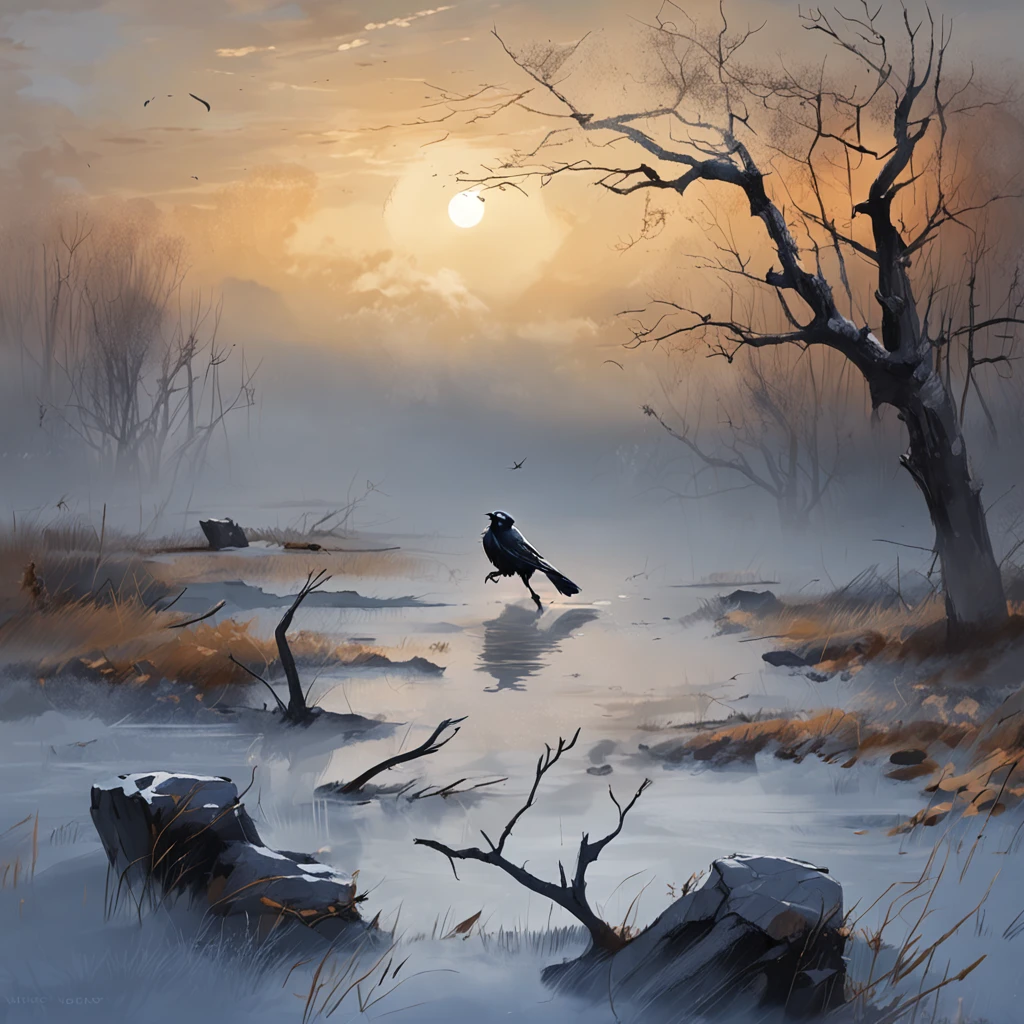 Two crows on a dead tree, A shadow shaped like a walker, Starry night, Thick fog on the ground, Blue light on the horizon, Unreal Engine 5, Cinematic, low angle photography, Motion blur, Depth of field, Dust, Cobblestones and dirt. Splash Art, dripping paint. Perfect color grading. Influenced by Karel Appel and Jeremy Mann, Full of dramatic and threatening scenes, Hyper-detailed, Beautiful, insanely details, Intricate details, editorial photography, shot with a 50mm lens, Depth of field, Tilt Blur, Shutter speed 1/1000, f/22. Lightmaps, Super bright