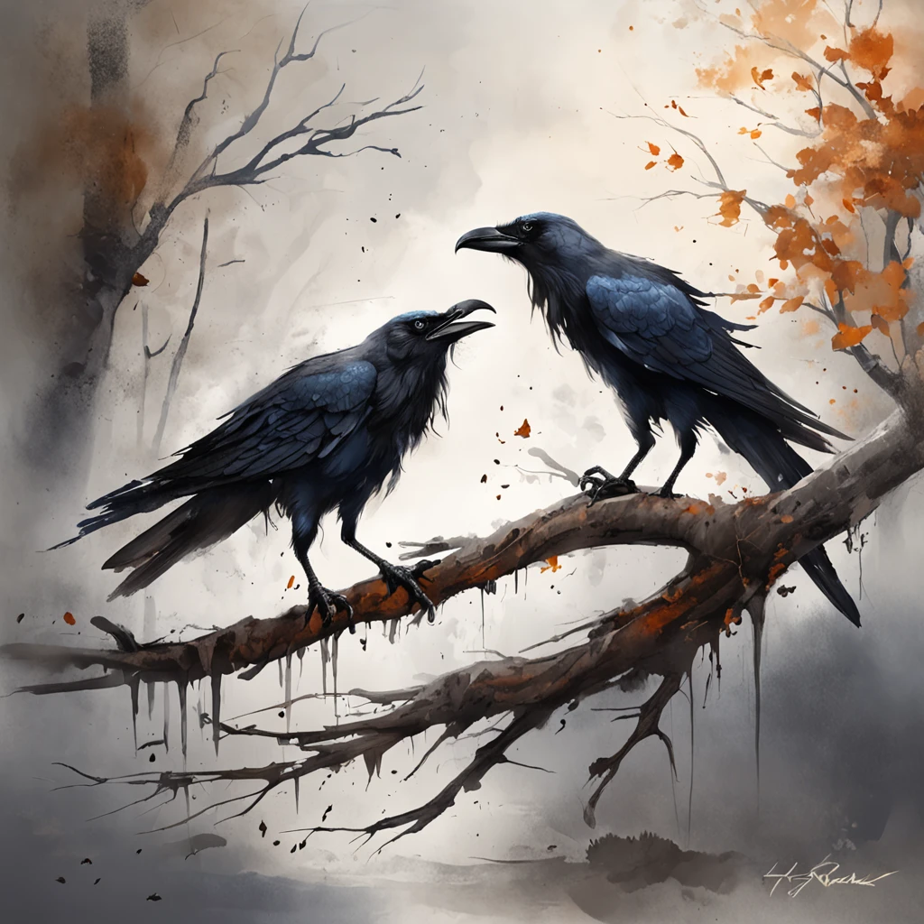 Two crows on a dead tree, A shadow shaped like a walker, Starry night, Thick fog on the ground, Blue light on the horizon, Unreal Engine 5, Cinematic, low angle photography, Motion blur, Depth of field, Dust, Cobblestones and dirt. Splash Art, dripping paint. Perfect color grading. Influenced by Karel Appel and Jeremy Mann, Full of dramatic and threatening scenes, Hyper-detailed, Beautiful, insanely details, Intricate details, editorial photography, shot with a 50mm lens, Depth of field, Tilt Blur, Shutter speed 1/1000, f/22. Lightmaps, Super bright