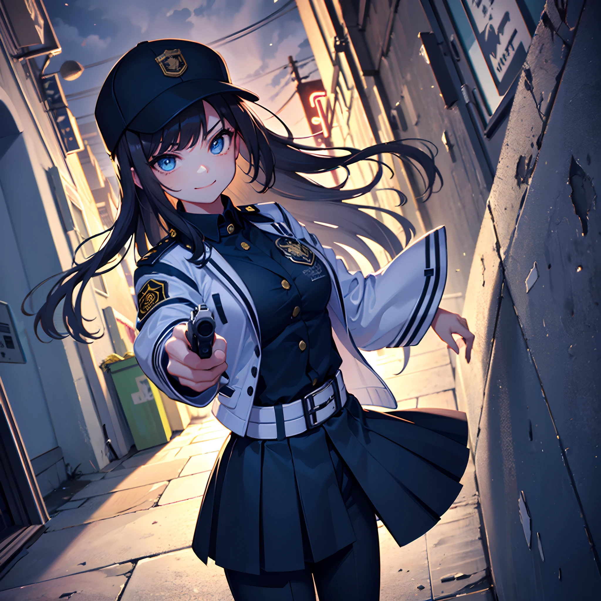 Best quality, highest resolution, 1 girl, solo, perfect anatomy, detective, young girl, baseball hat, black uniform, detective uniform, black trousers, straight hair, side bangs, black hair, beautiful blue eyes, dark alley in background, abandoned buildings, at night, smirk, looking at viewer, high angle, blue lights, aiming at viewer with handgun
