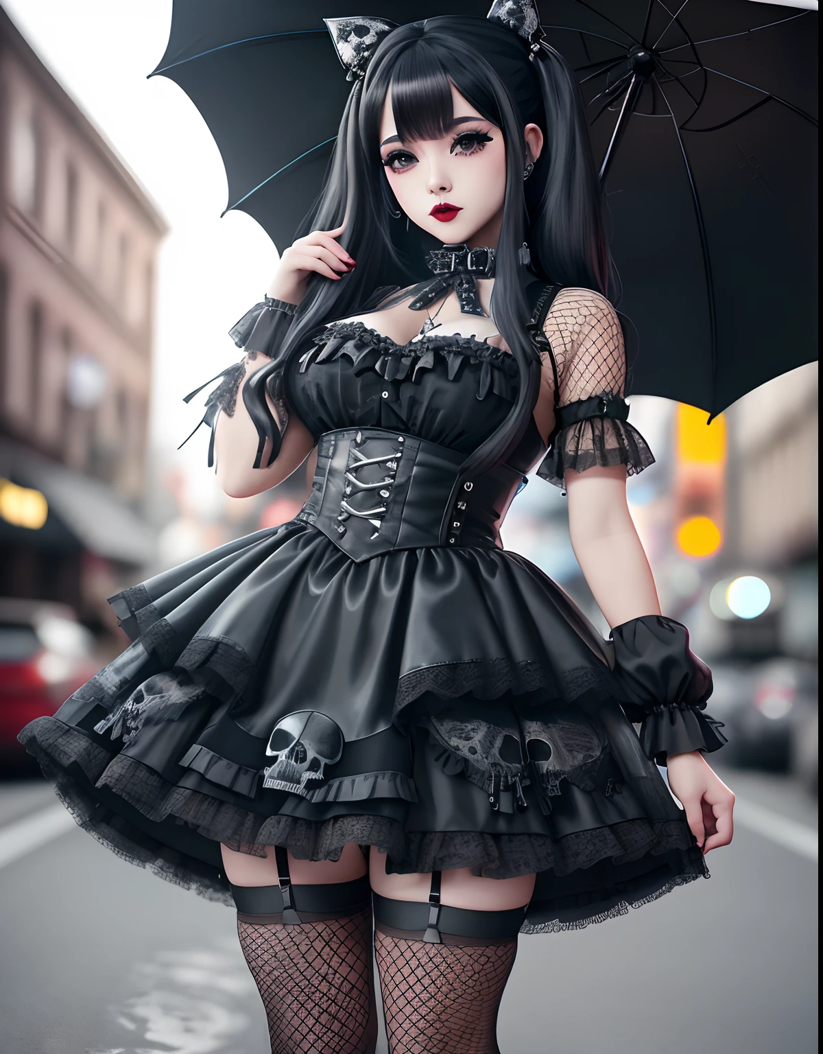 Masterpiece, absurdres,award winning photo, extremely detailed, amazing, fine detail, extremely detailed eyes and face, by lee jeffries nikon d850 film stock photograph 4 kodak portra 400 camera f1.6 lens rich colors hyper realistic lifelike texture dramatic lighting unrealengine trending on artstation cinestill 800 tungsten,goth woman, thepit bimbo, glossy, (face ultra closeup shot:1.325)

 GothGal, (ultra short skirt, fishnet stockings, gothic print, imprinted skulls:1.25), a woman in a black and white outfit is standing on the street,woman wearing a GothGal outfit, large boots, twin tail, frilly dress, lace, ribbon, lipstick, pale skin