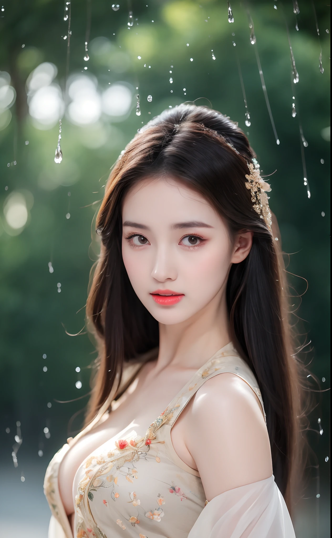 ((Best Quality, 8k, Masterpiece: 1.3)), Focus: 1.2, Perfect Body Beauty: 1.4, Buttocks: 1.2, ((Layered Haircut)), (Wet Clothes: 1.1), (Rain, Street:1.3), (Breasts: 1.2), (Hanfu: 1.2), Bare Shoulders, Bare Legs, Highly Detailed Face and Skin Texture, Fine Eyes, Double Eyelids, Whitened Skin, Long Hair, (Shut Up: 1.5), (Bokeh Background: 1.5), Big Breasts