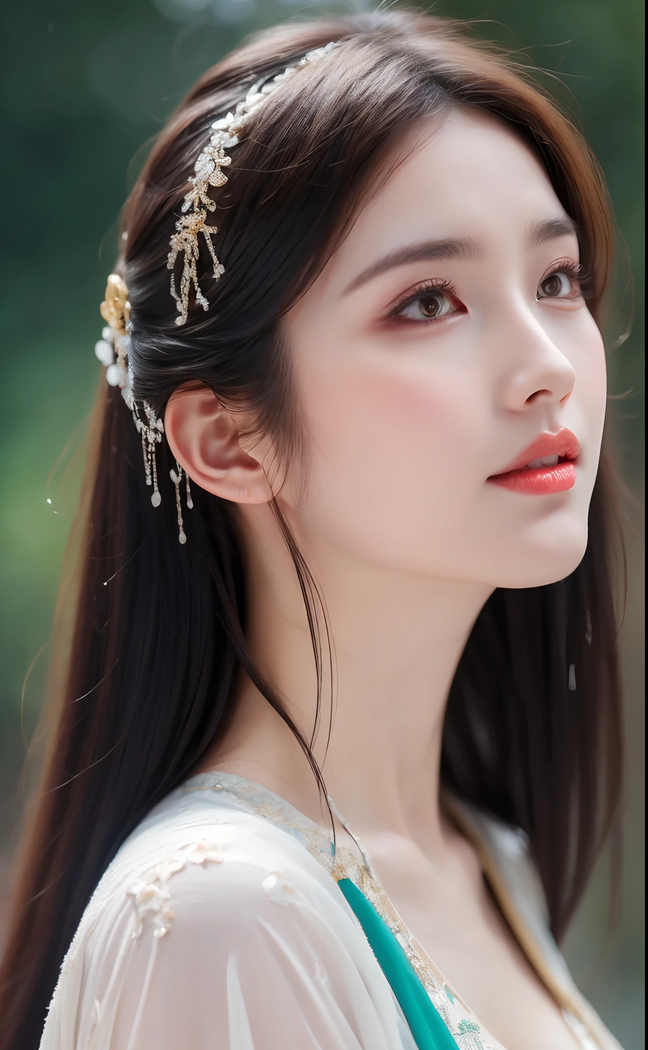 ((Best Quality, 8k, Masterpiece: 1.3)), Focus: 1.2, Perfect Body Beauty: 1.4, Buttocks: 1.2, ((Layered Haircut)), (Wet Clothes: 1.1), (Rain, Street:1.3), (Breasts: 1.2), (Hanfu: 1.2), Bare Shoulders, Bare Legs, Highly Detailed Face and Skin Texture, Fine Eyes, Double Eyelids, Whitened Skin, Long Hair, (Shut Up: 1.5), (Bokeh Background: 1.5), Big Breasts