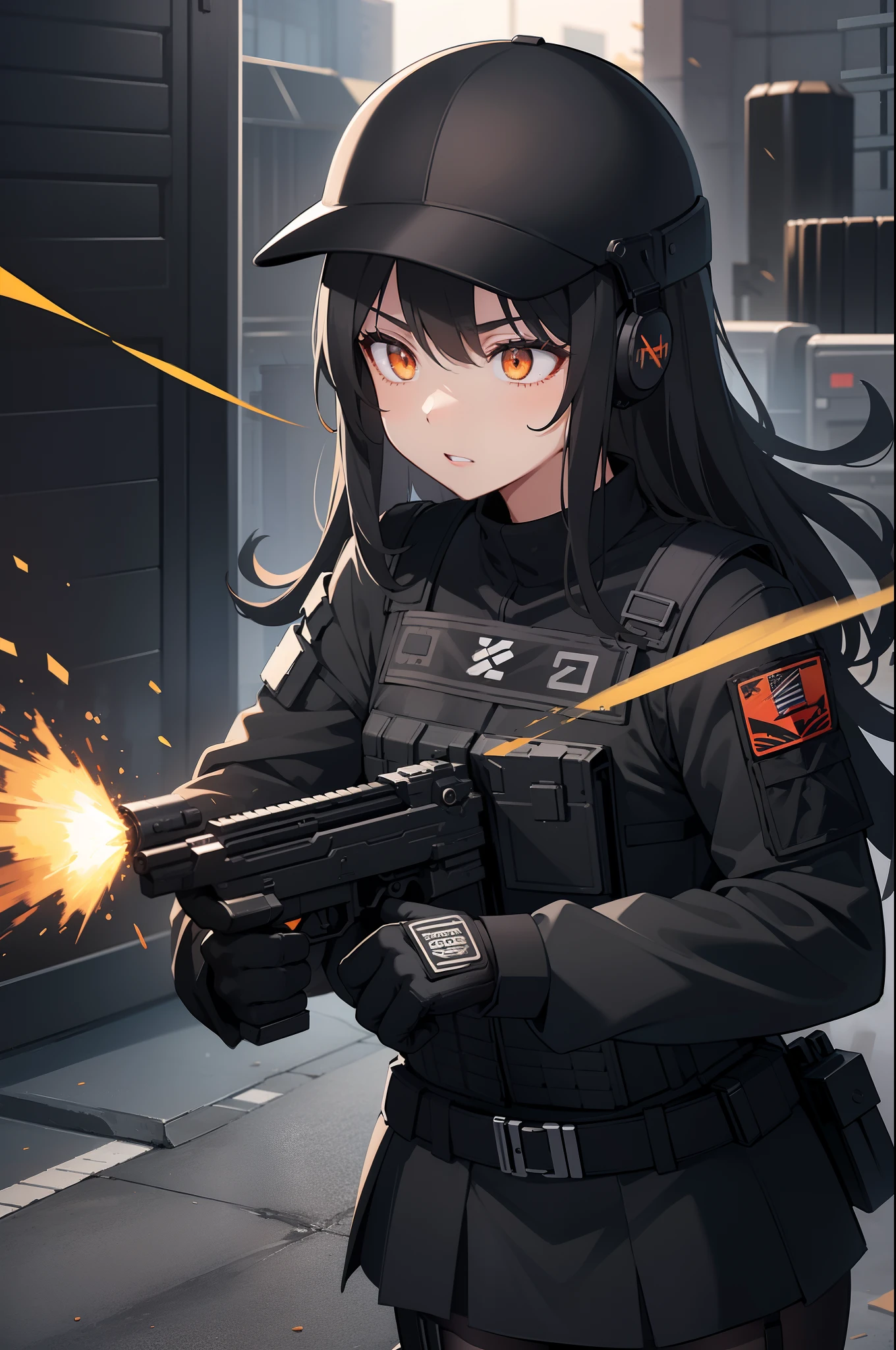 1girl, 2clones, black tactical cap, cap, tactical black railed headset, black long messy hair, black plain tshirt, armored, black shoulder pads, black tactical vest, black armor pads, black handgun holster, black tactical socks, tactical skirt, focused, orange eyes, scouting, handgun, combat, in combat, explosion, large artillery cannon