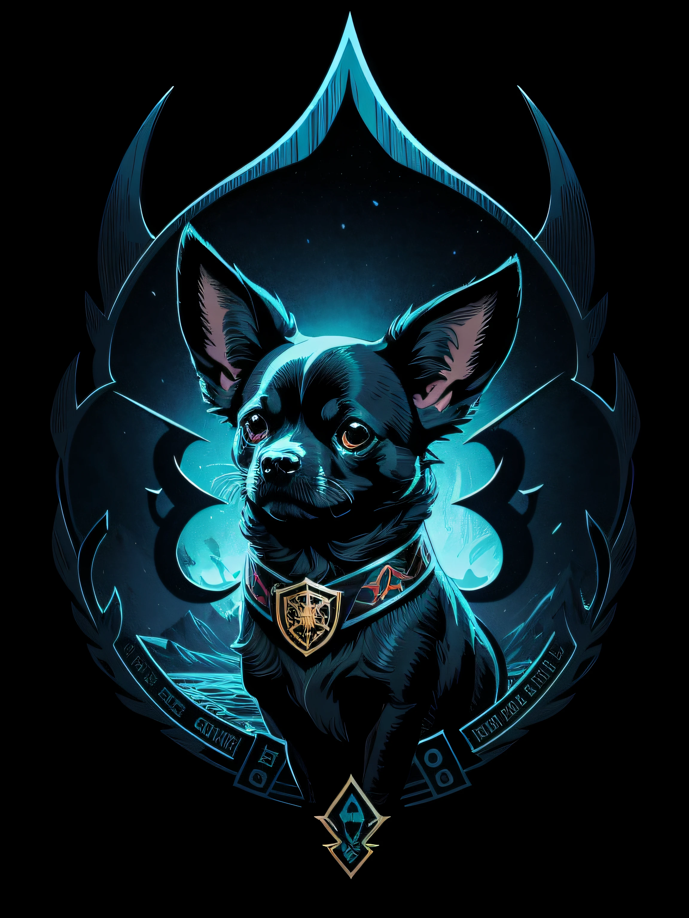 [chihuahua] Heraldic silhouette, logo masking style illustration, by dan mumford, by greg rutkowski, by james jean, black background, fantasy art, mysterious, realistic, majestic, rich vibrant colors, high contrast, seamless water brand, artstation, deviantart, dribble, redbubble, teepublic, sharp focus, simple, hyper detailed, detailed drawing, vectorize, outline, isometric style, 8k."