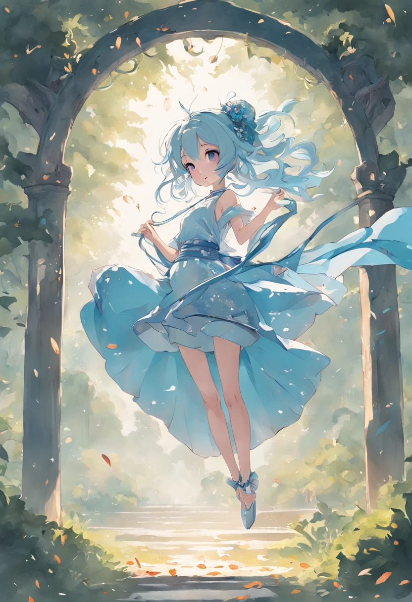 （in a panoramic view，Whole body diagram：1.5），（1 delicate girl playing on the swing），（Vine swing，Anime girl with blue hair and white dress with flower crown，palaces，hanfugirl），（Guviz-style artwork，Guvitz，inspired by Leng Mei，A beautiful fantasy queen，Inspired by Lee Mei Shu，Popular on CGstation，Inspired by Ai Xuan，Blue and white Hanfu，High heels，a beautiful fantasy empress：1.5），（A flowing dress，conservative girl，cloud goddess，Flowing blue and white patterned fabric，wearing flowing dress，Realistic）， (Wind: 1.5)，(full bodyesbian:1.5)，（senior color matching，gradient backgrounds，white backgrounid）
