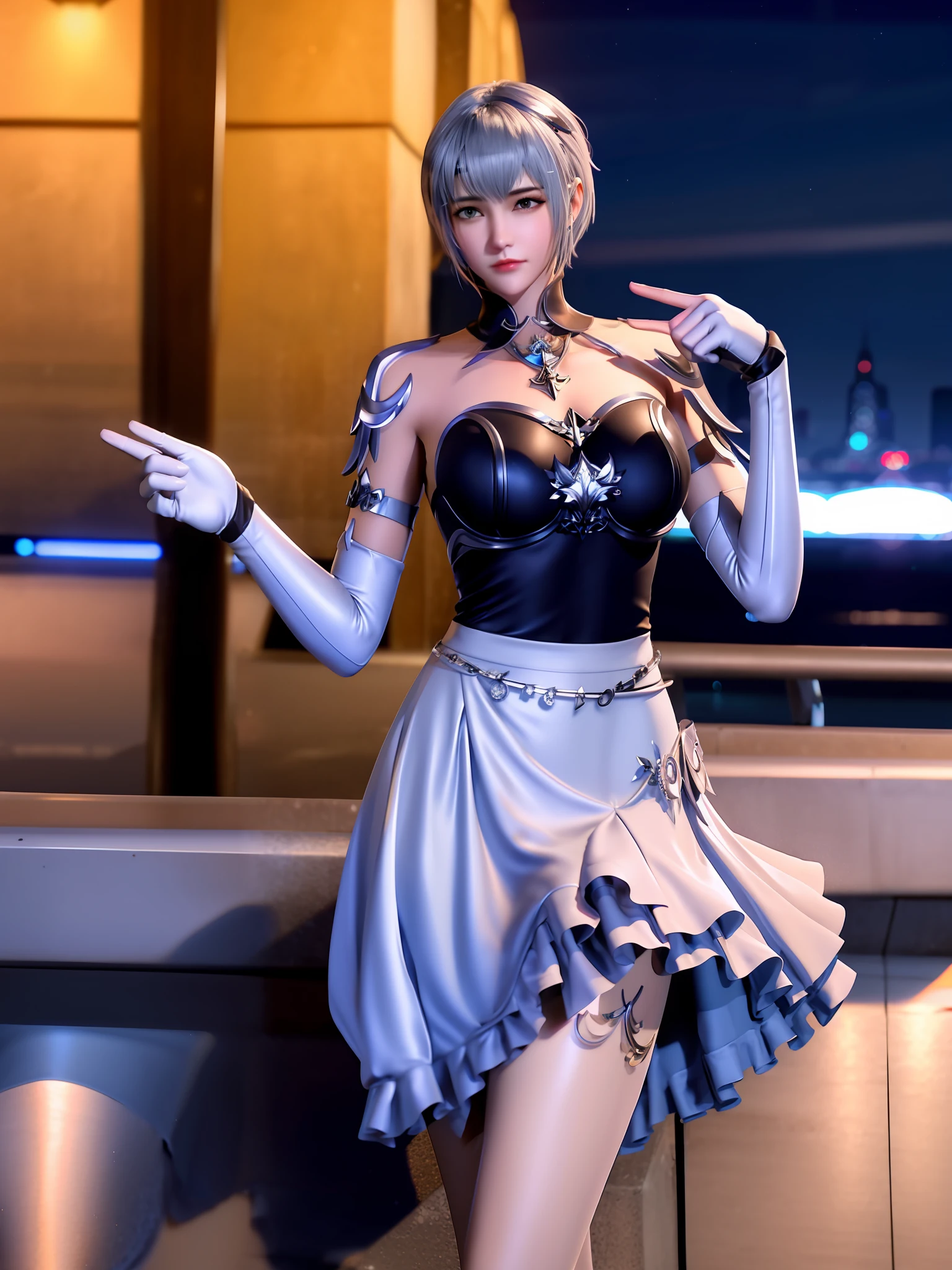 1girll, Short hair, hair adornments,White elbow gloves, Mature female, Cityscape, Night, view the viewer, Lindelin Ling,Skirt,jewelry, Collar, Trim,Silver hair,Silver skirt,Short skirt,