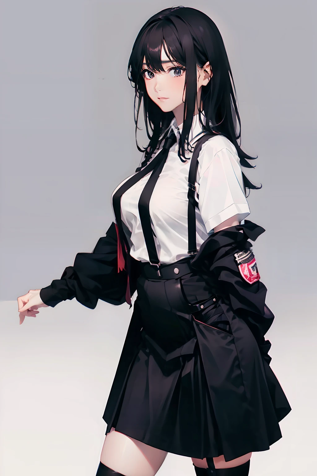 a black skirt, neck tie, Cutter shirt suspenders, Long Black Hair, Gray eyes, holster, Garter belt on the legs, , Big breasts, Pichi Pichi clothes, both sides deadpan Behind