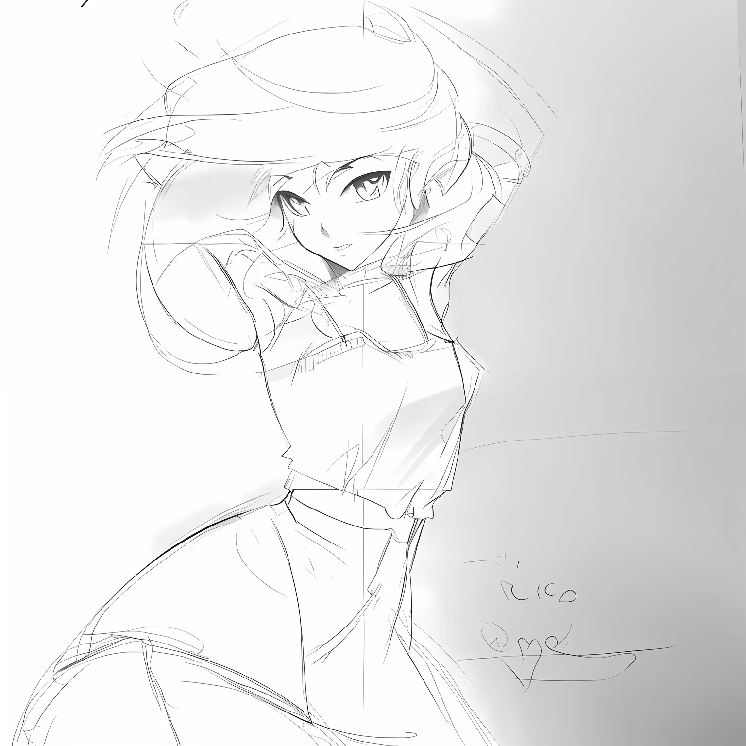 Rough sketch, Outline sketch, Line sketch, Character design sketch, old sketch, sketchy artstyle, clean lineart, Casual pose, Line sketch!!, inspired by Glen Keane, concept sketches, 3 / 4 pose, loose pencil sketch, Stylized proportions, anime pose, pudica pose gesture