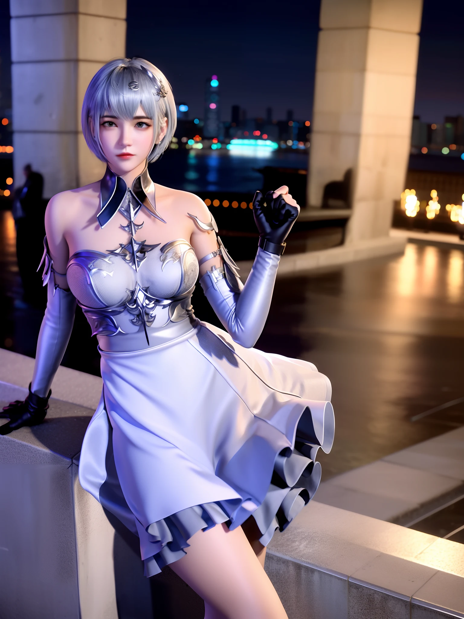 1girll, Short hair, hair adornments,White elbow gloves, Mature female, Cityscape, Night, view the viewer, Lindelin Ling,Skirt,jewelry, Collar, Trim,Silver hair,Silver skirt,Short skirt,