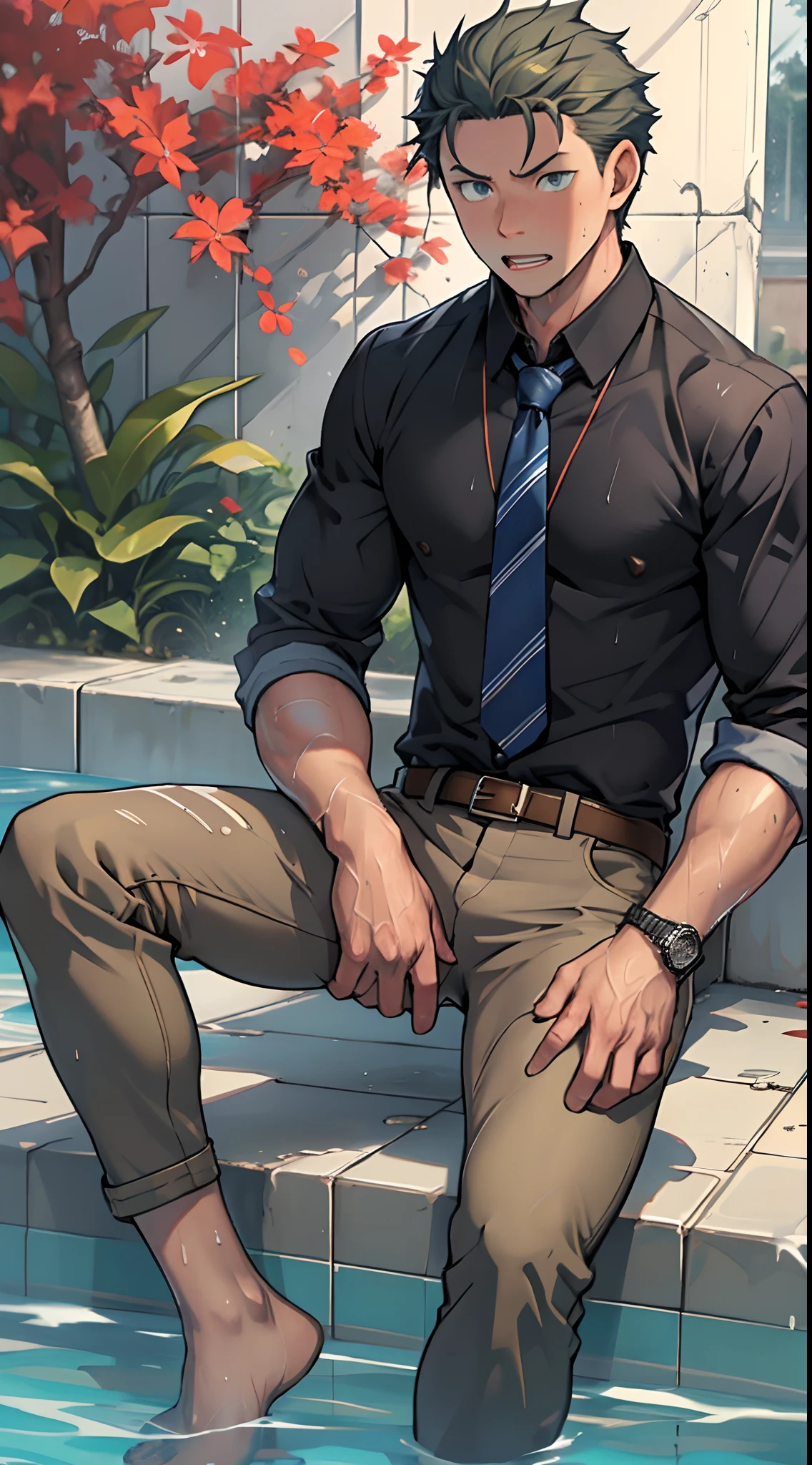 (1 Adult male),A high resolution, Sharp focus, Pixiv masterpiece, ((Complicated details)), highly detailed, natsuki_subaru, 1 man,perfect male figure,Urine on the trouser leg, Nervously bow your head,is shy,embarressed,exhilarated,is shocked,panicking,worry,A pool of urine formed around him,Very eager to pee,Unbearable,Wet yourself,Urine discharge,full bodyesbian,sit astride,Tired,decadent, blue color eyes(eyes glowing), Short yellow hair,Black shirt,Wear a tie,Wear a belt,trousers,perspire,Drenched,Get wet,pissing,urine flows down the pants,look from down