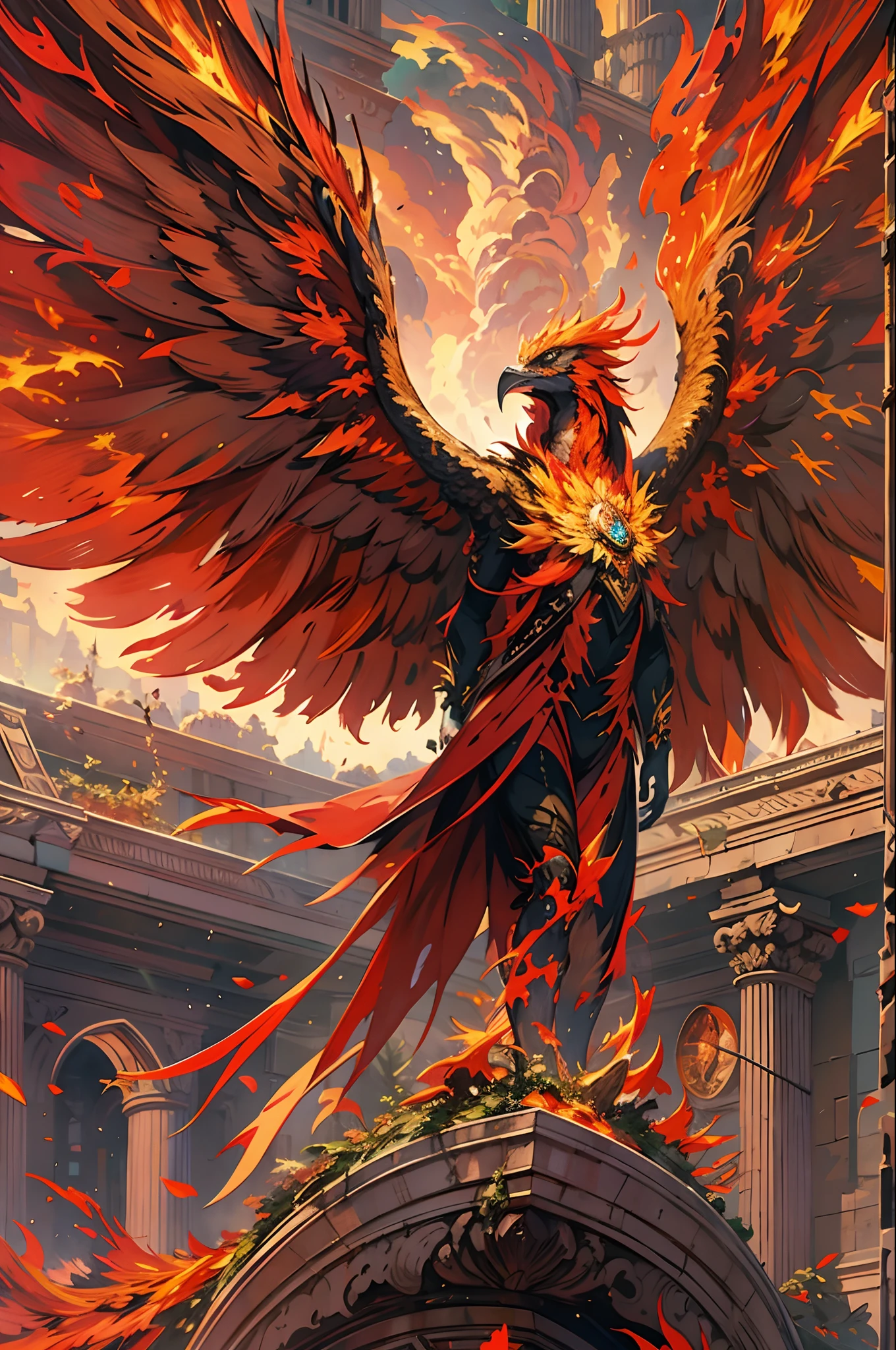 Imposing Phoenix Reborn,8k arte conceitual, Realismo, by Mappa Studios, obra-prima, melhor qualidade, Arte Oficial, illustration, Linha clara, (Fresco_Cor), perfect compositio, absurdos, fantasia, focado