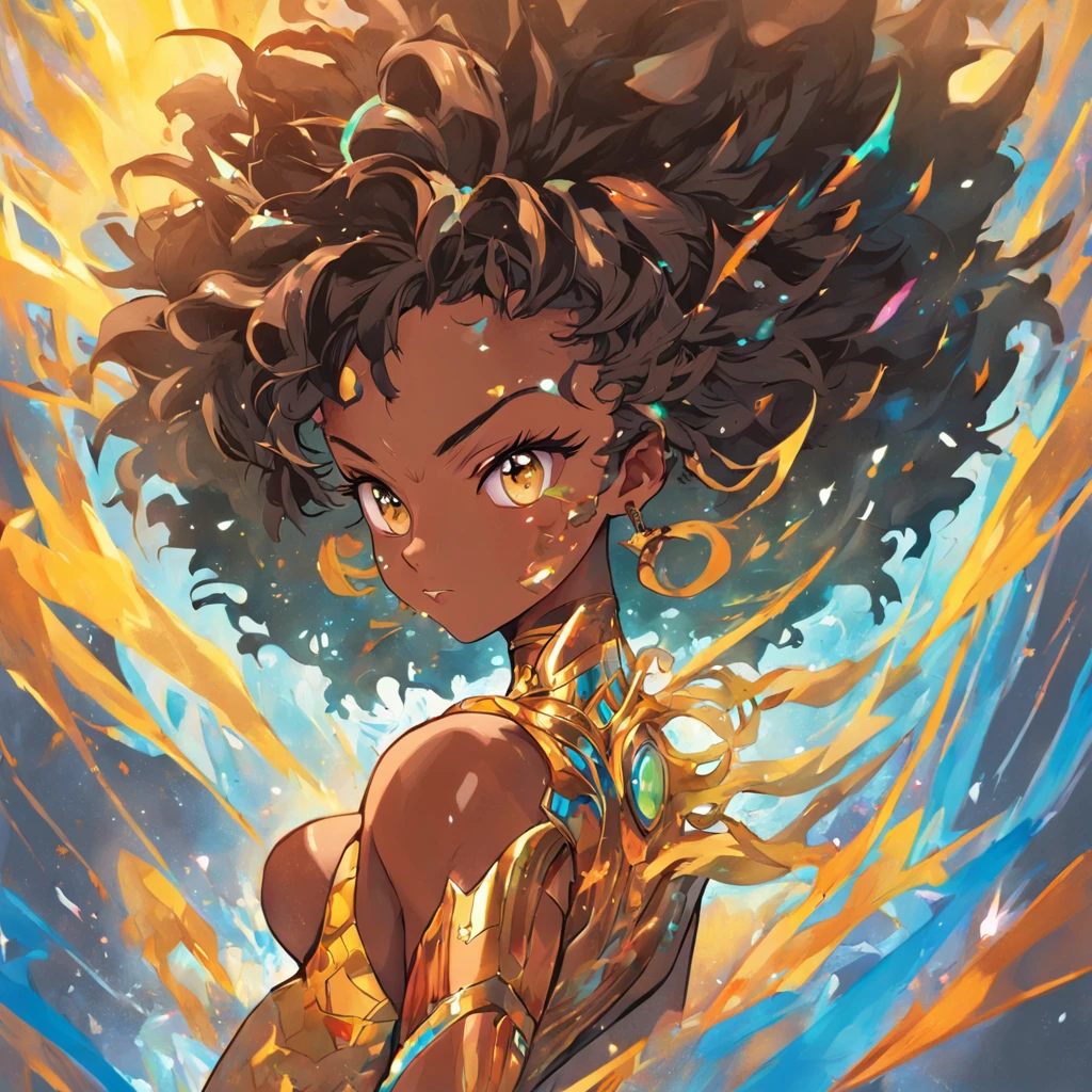high resolution thick-line fighting game character splash-art ( 19-year old Darkskin domincan female),::(hacker, adventurer,and tonfa user) ( small nubian convex nose, round face, full lips, pixie cut, chocolate complexion medium chest, curvy hips, and slender tone physique.):: (light glittering sand eye shadow, golden eyes,):1.3 :: (red tank top, black low riding shorts, pink bikini bottoms,) (thigh, wrist,ankle and shoulder athletic tape) She is raven armored casing sneakers , a green grid gloves,):1.3 ( radiating GREEN AURA) (energetic, adventurous, flighty) (masterpiece:1.2), (ultra-detailed:1.2), (perfect details), (extremely fine and beautiful:1.1), beautiful face, beautiful eyes, (detailed face, detailed eyes:1.2), detailed lip, shiny skin, oil skin, shiny hair, sense of depth, depth of field, ,(dynamic angle, scenery, dramatic lighting, volumetric lighting, golden hour, masterpiece), high quality, Octane Render, intricate, intricate details, maximalist, highly detailed, finely detailed, ultra-detailed, Rival Schools, Edayn, udon, and Alex "oh8" Ahmed. The two-tone background features an evening sun cascading over a futuristic urban city festival (, dynamic pose:1.3),