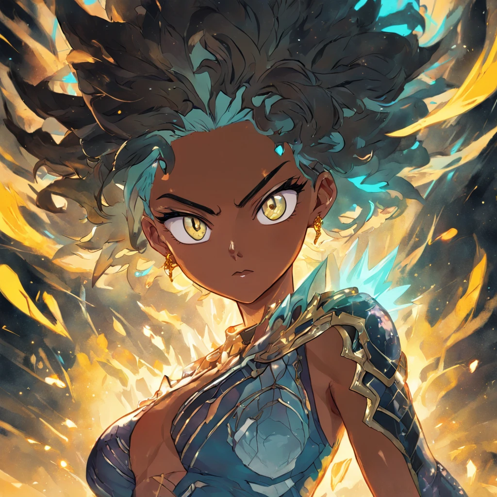 1 Black Woman, Curly Hair, African Ethnicity, Highlighted Eyes, Eduardo Kobra ,Romero Brito,The Filling Twins ,detailed eyes,vibrant colors and dynamic lines reminiscent of manga, art, his exploding power, Chibi,Yang08k, beautiful,perfect eyes, Coloring,green aura around the body, Primary works, superior quality, (her distinctive appearance and personality shining through: 1.1) , (a snapshot capturing the ethereal fascination of the black woman within the enchanting forest: 1.1)), Official Art, Beauty and Aesthetics, 512k,Juavatar,silky hair, shiny hair, slim waist, extremely beautiful, skin texture, dark skin tone, extremely defined body, athletic body. Wearing well-detailed and refined chest and shorts. She is seated on a majestic and exquisite throne with precious stones, gold and silver detailed throne, red cushioned throne. Extremely detailed image. perfect hands, perfect eyes. around body ,caulifla,(80s anime style)form. cauliflass2 Create an image of Caulifla from Dragon Ball Super in Super Saiyan 2 mode with a yellow aura radiating around her body, and lightning bolts crackling in the background. The energy emanating from her body is a result of a stable diffusion process, with the aura and lightning bolts being a manifestation of the equilibrium reached by the diffusion of energy throughout her body. The result should be a dynamic and visually striking representation of Caulifla's immense power in this , bright blue eyes, lenched fists