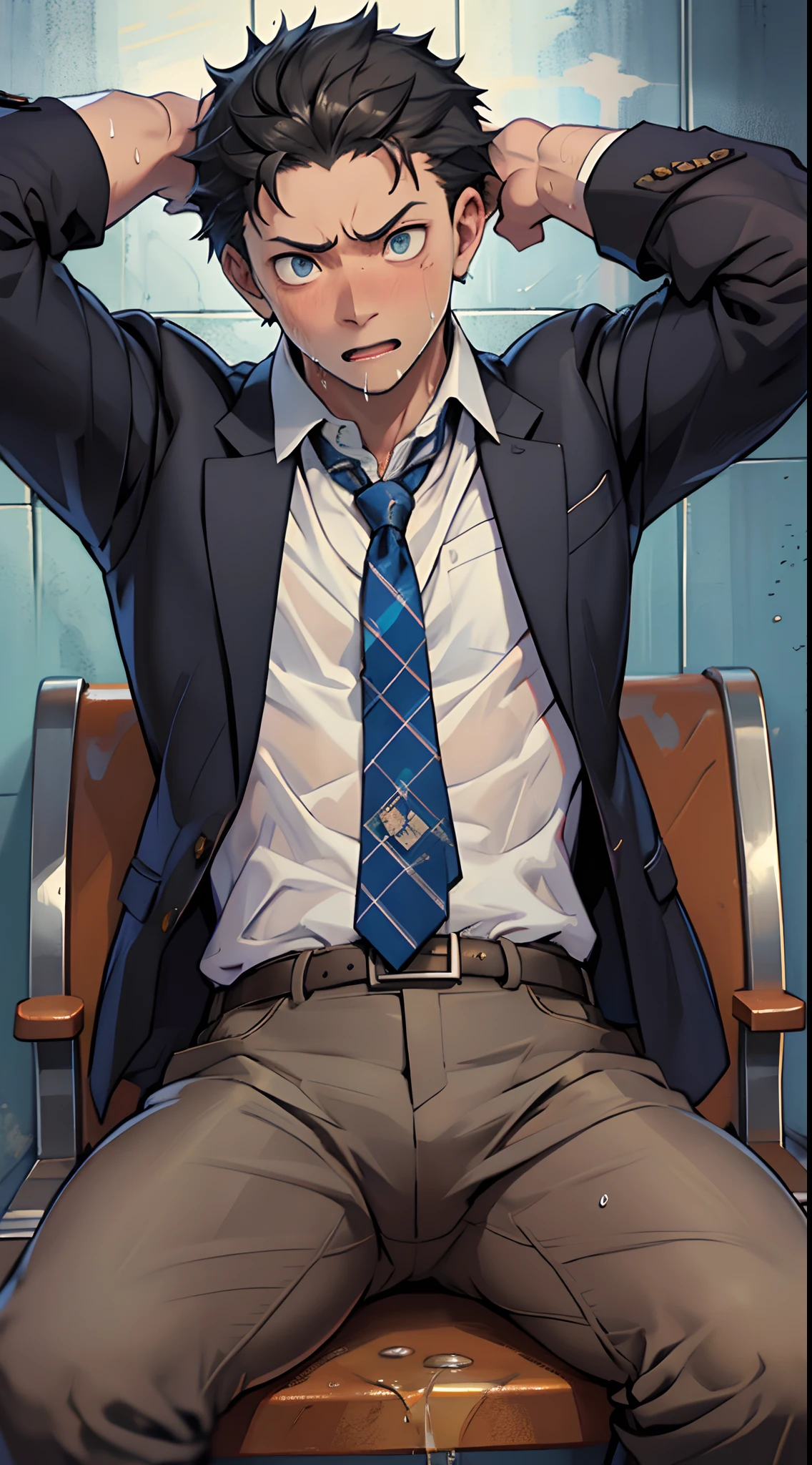 (1 Adult male),A high resolution, Sharp focus, Pixiv masterpiece, ((Complicated details)), highly detailed, natsuki_subaru, 1 man,perfect male figure,Urine on the trouser leg, Nervously bow your head,is shy,embarressed,exhilarated,is shocked,panicking,worry,A pool of urine formed around him,Very eager to pee,Unbearable,Wet yourself,Urine discharge,full bodyesbian,sit astride,Tired,decadent, blue color eyes(eyes glowing), Black hair short hair,Blue plaid shirt,Wear a tie,Wear a belt,trousers,perspire,Drenched,Get wet,pissing,urine flows down the pants,look from down