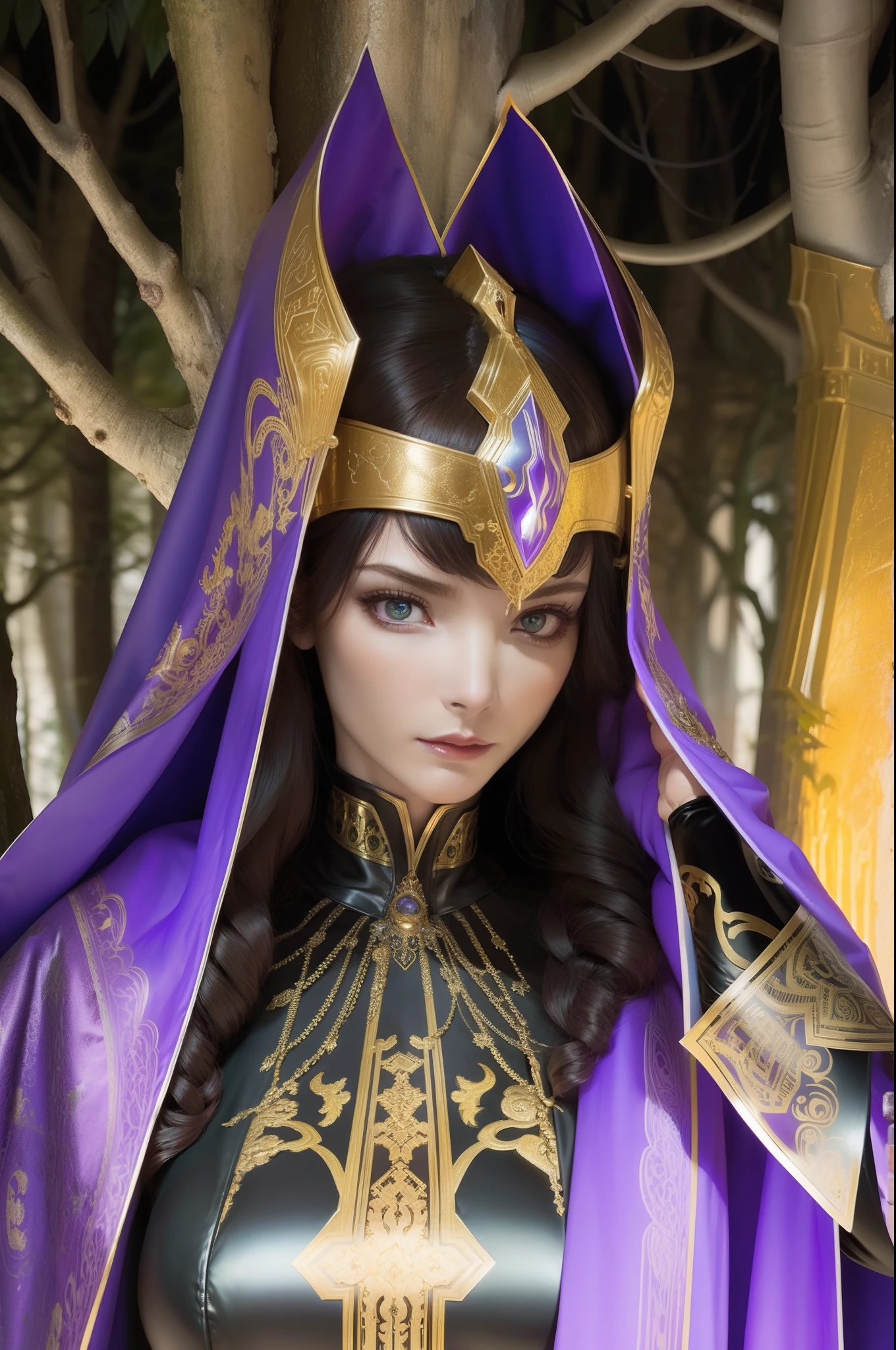 A mysterious witch cloaked in purple chaos energy, standing in a dark forest of barren trees, glowing with a powerful energy. realistic, stunning realistic photograph, 3d render, octane render, intricately detailed, cinematic, trending on artstation, Isometric, Centered hipereallistic cover photo, awesome full color, hand drawn, dark, gritty, mucha, klimt, erte 12k, high definition, cinematic, neoprene, behance contest winner, portrait featured on unsplash, stylized digital art, smooth, ultra high definition, 8k, unreal engine 5, ultra sharp focus, intricate artwork masterpiece, ominous, epic, TanvirTamim, trending on artstation, by artgerm, h. r. giger and beksinski, highly detailed, vibrant
