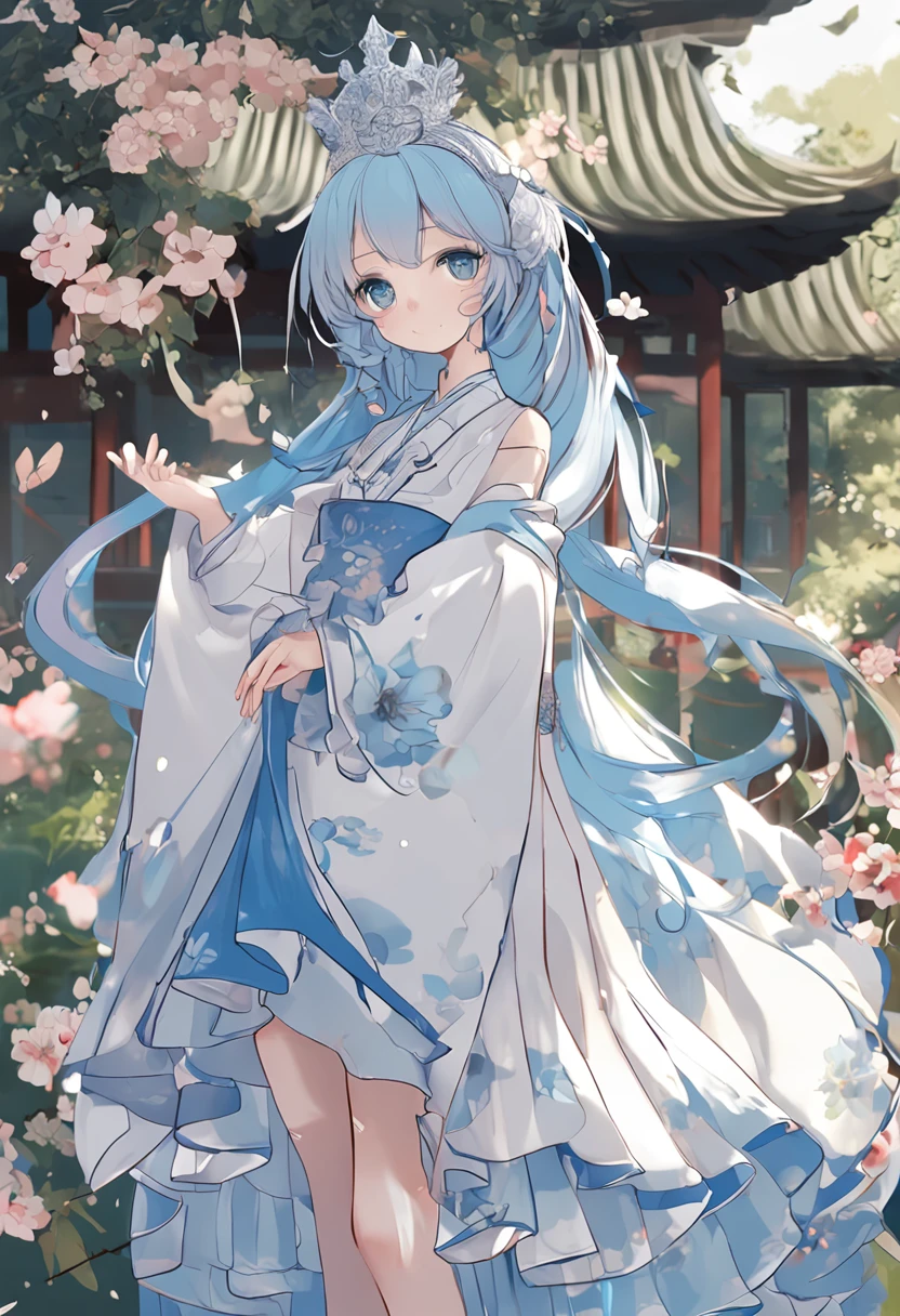 （in a panoramic view，Whole body diagram：1.5），（1 delicate girl playing on the swing），（Vine swing，Anime girl with blue hair and white dress with flower crown，palaces，hanfugirl），（Guviz-style artwork，Guvitz，inspired by Leng Mei，A beautiful fantasy queen，Inspired by Lee Mei Shu，Popular on CGstation，Inspired by Ai Xuan，Blue and white Hanfu，High heels，a beautiful fantasy empress：1.5），（A flowing dress，conservative girl，cloud goddess，Flowing blue and white patterned fabric，wearing flowing dress，Realistic）， (Wind: 1.5)，(full bodyesbian:1.5)，（senior color matching，gradient backgrounds，white backgrounid）