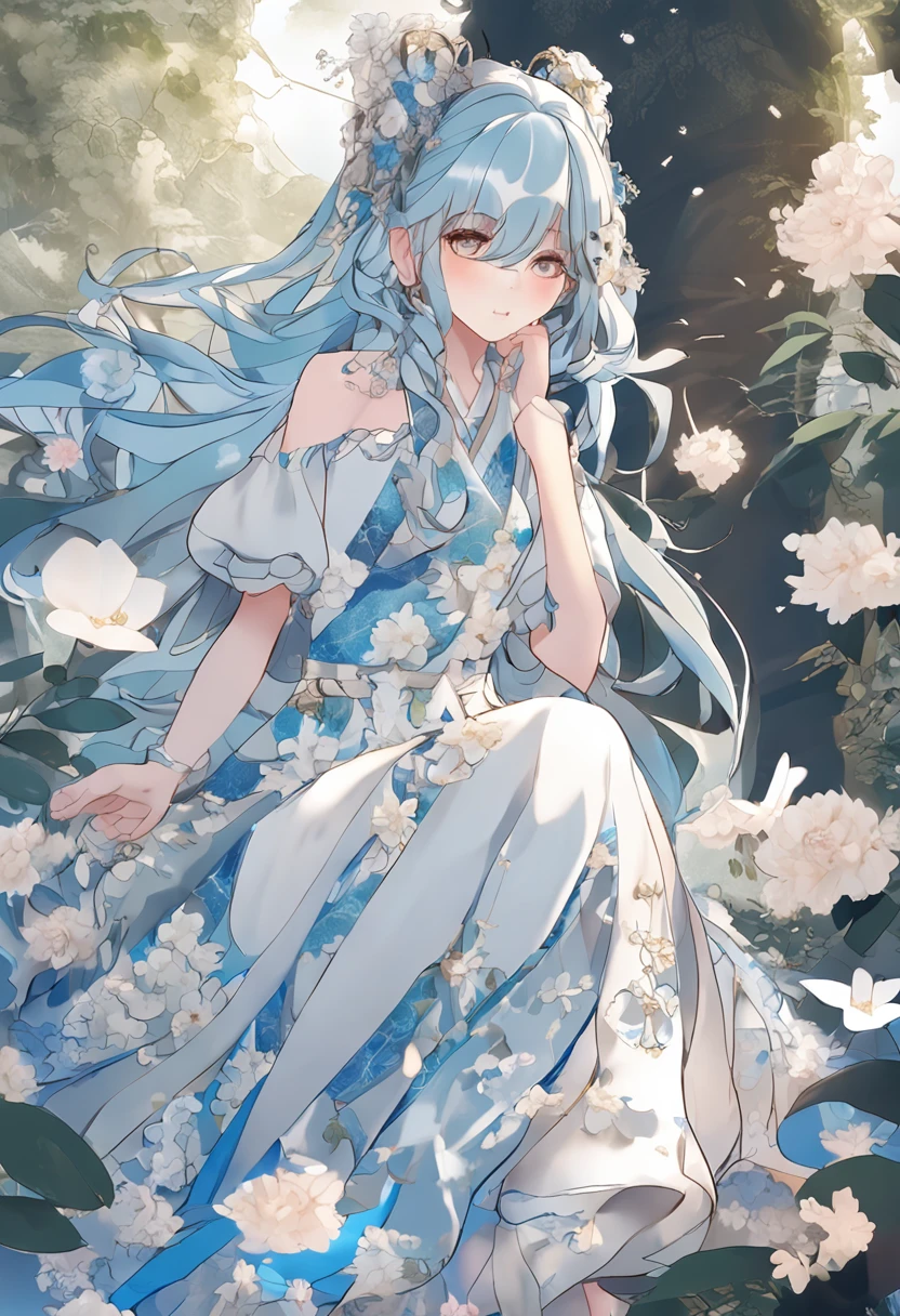 （in a panoramic view，Whole body diagram：1.5），（1 delicate girl playing on the swing），（Vine swing，Anime girl with blue hair and white dress with flower crown，palaces，hanfugirl），（Guviz-style artwork，Guvitz，inspired by Leng Mei，A beautiful fantasy queen，Inspired by Lee Mei Shu，Popular on CGstation，Inspired by Ai Xuan，Blue and white Hanfu，High heels，a beautiful fantasy empress：1.5），（A flowing dress，conservative girl，cloud goddess，Flowing blue and white patterned fabric，wearing flowing dress，Realistic）， (Wind: 1.5)，(full bodyesbian:1.5)，（senior color matching，gradient backgrounds，white backgrounid）