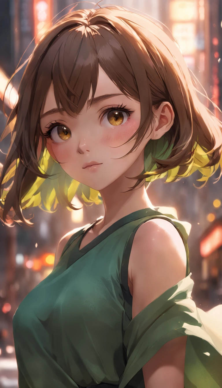 ​masterpiece、Cinematic portrait photography、octan render、8K、1girl in、20yr old、Calm、(Eye for realistic details、natural skin textures、Realistic face details)、Soft dramatic lighting、depth of fields、bokeh dof、vibrant detail、finely detail、Surreal、Hazy blur、filmg、femele、Brown hair、Brown eyes、Short bob hair、Wearing square-framed glasses、Seductive smile, Green Sportswear、pleatedskirt、Yellow and green color scheme、dynamic compositions、fighting poses, underboob