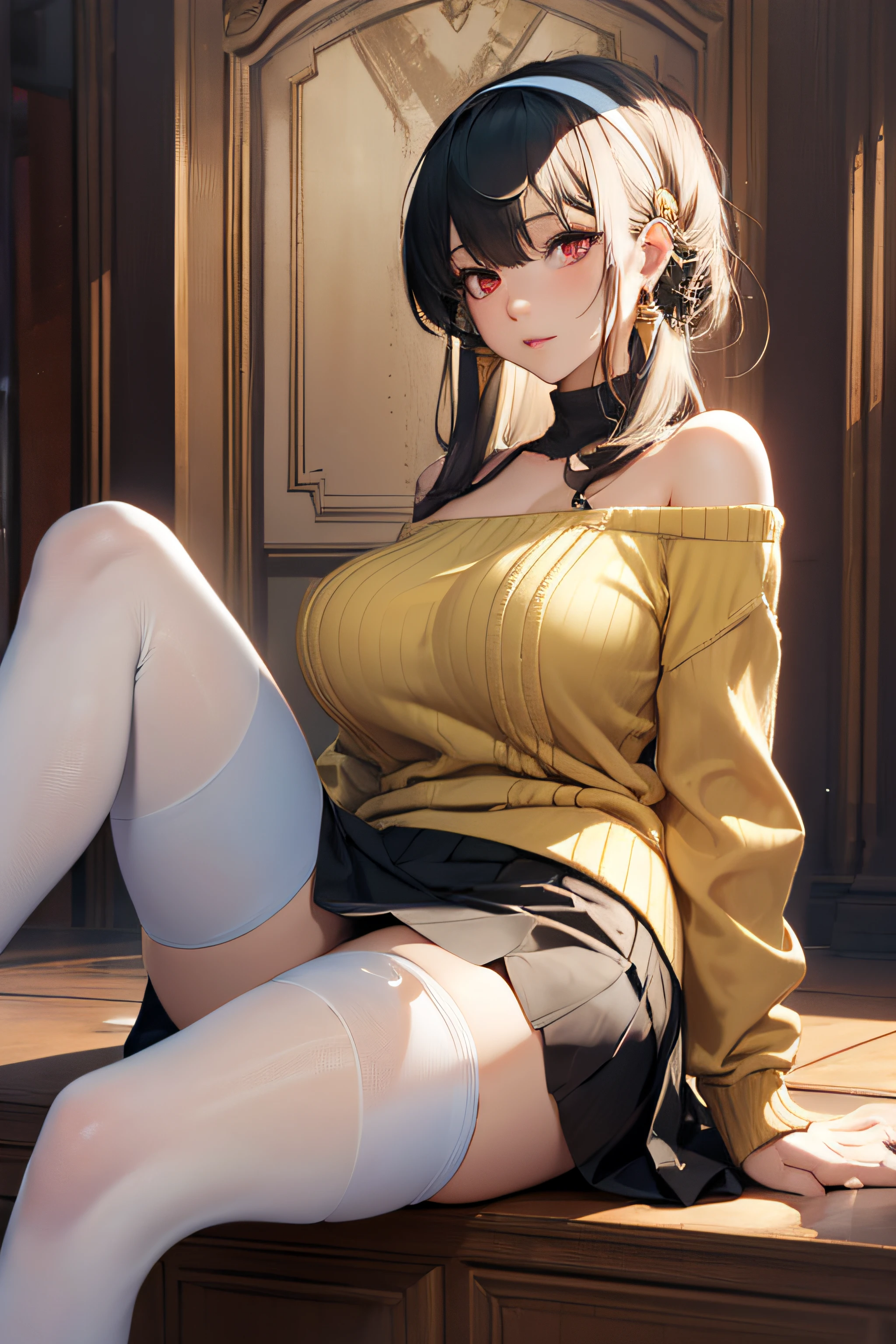 masterpiece, best quality, highres, bbyorf, (yor forger sitting lifting her skirt: 1.3), short hair with long locks, white hairband, red eyes, gold earrings, large breasts, jewelry, off shoulder, (red sweater: 2), (sweater dress: 2), long sleeves, black pantyhose, full body, (upskirt: 1), (white panties: 1), (visible panties: 1), (full body: 1.3), (big boobs: 1), (lifting her skirt: 1), (full body: 1.3), realistic, ultra realistic