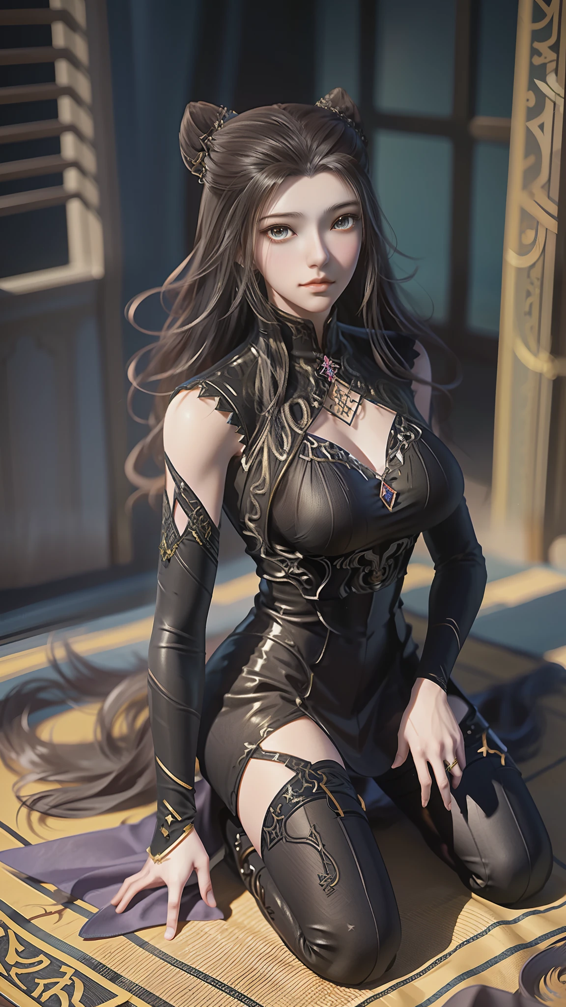 Anime woman kneeling on blanket, concept-art:Hero, Trend of CGsociety, Fantasy art, Guviz-style artwork, Guviz, Smooth anime CG art, Keqing from Genshin Impact, Ruan Jia and Artgerm, full-body xianxia, flowing magical robe