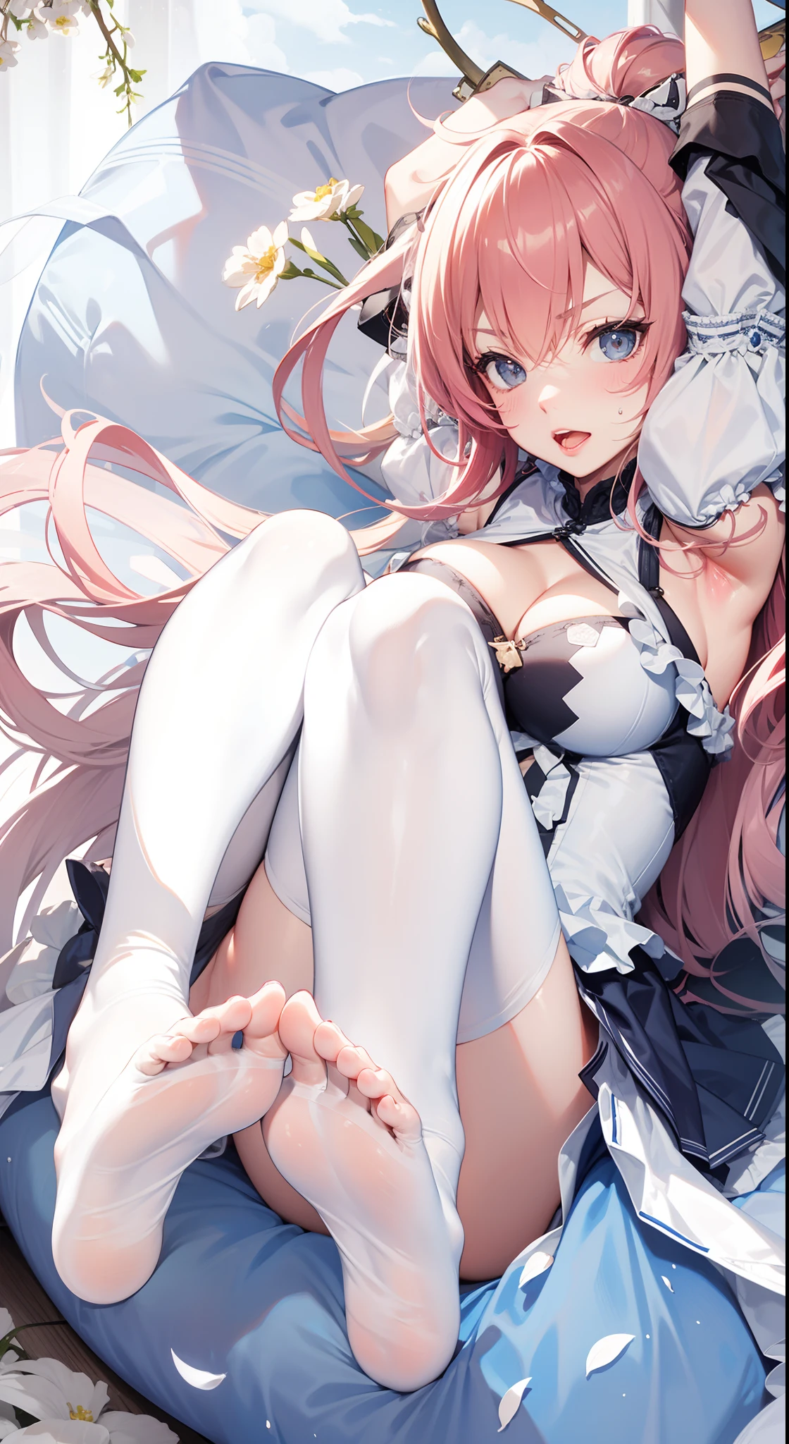 Large of breast,Mammary bulge,Expose lateral areola,Excretion of breast milk,grouchy,Sit flat,Stretch your feet,Close-up of the foot,sperm,Spring,The shape of the female genital organs is clearly visible,climaxing,Desire for dissatisfaction