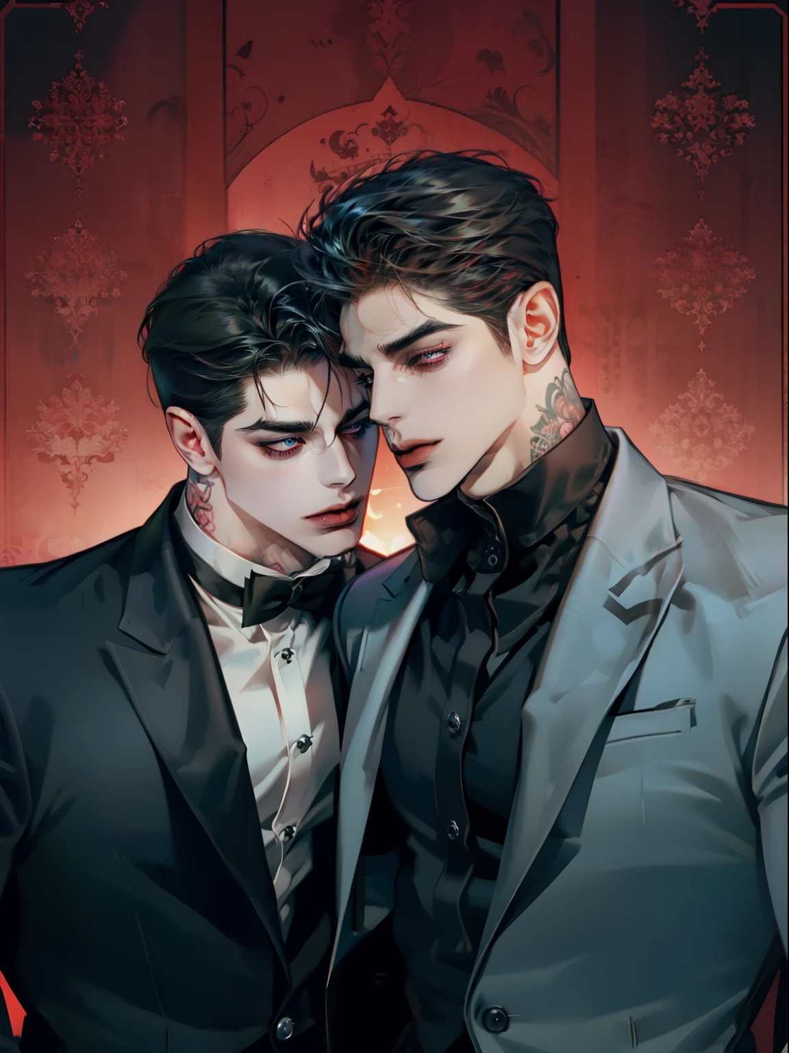 Mafia Noir Casino Gambling Bar Vampire dominant alpha gay couple macho sexy handsome demon adult men with tattoos big chest big abs slicked back hairstyle smoking red eyes charisma goth ((perfect face structure)) detailed stylized ((handsome male couple)) ((men kissing)) ((perfect eyes))