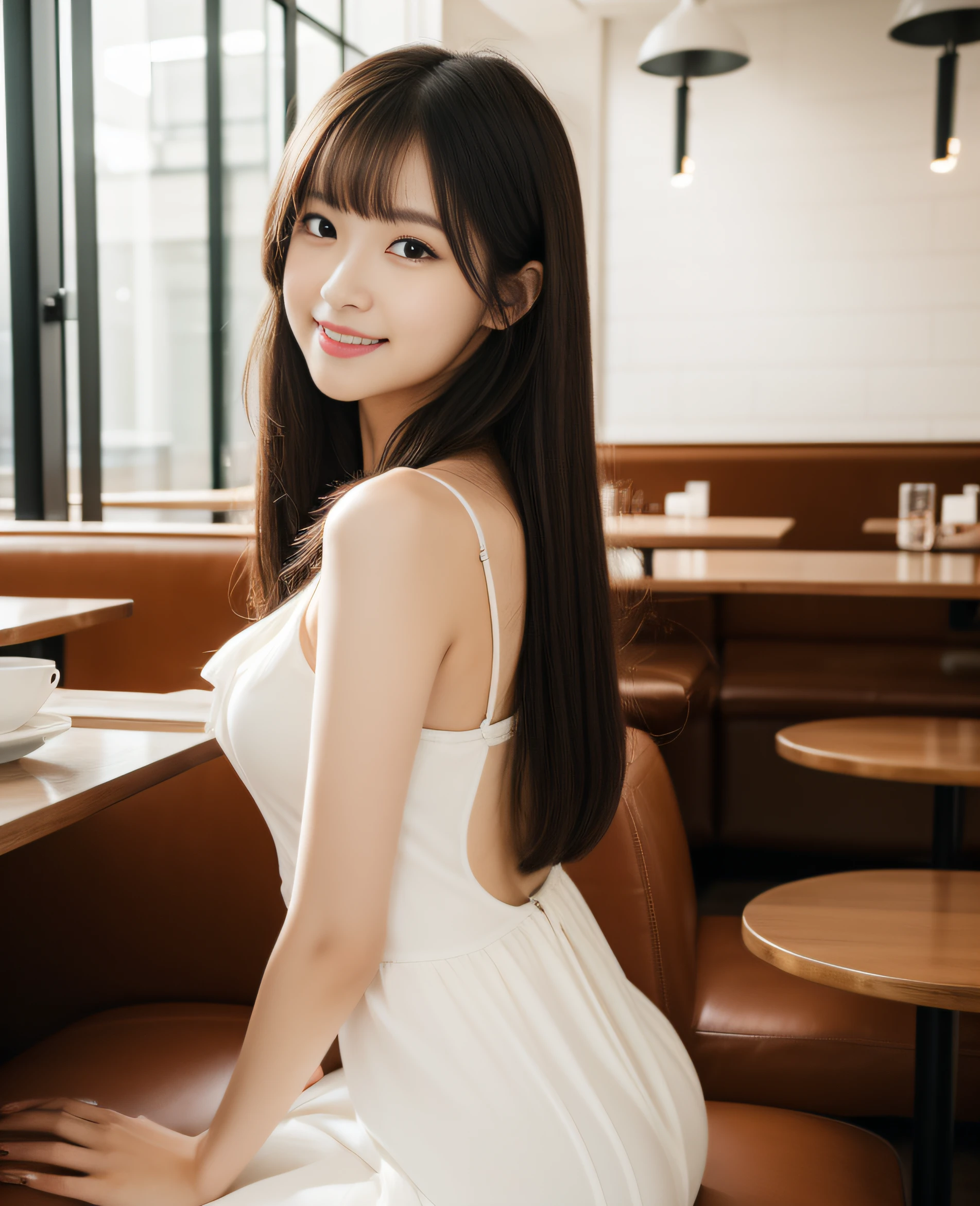 ((best quality, 8K, masterpiece: 1.3)), beautiful girl, pure, melon face, kind and cute, sweet smile, pure desire, slender body, (front), (tilted head), back view, white dress , long black silky straight hair, long flowing shoulders, round black big eyes, clear big eyes, moist red lips, sweet, sitting in a cafe chair, lounge background, ((whole body)),