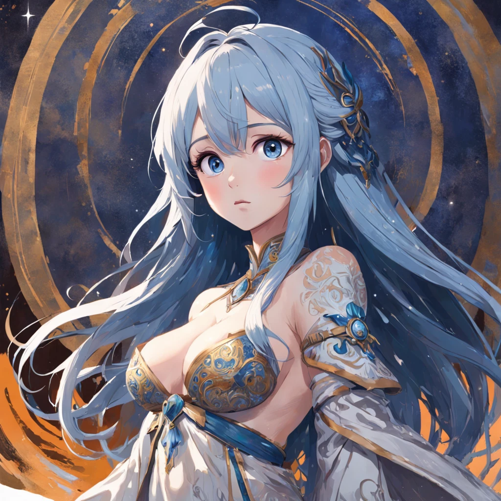 (highly detailed),((tmasterpiece)),(impasto),iintricate,painting of a,(((1个Giant Breast Girl)))),A illustration,Exquisite steppe,sorceress woman,Shepherds have gray hair,Blue longan,white dresses,(Nice face),Beautiful detailed face,Extremely delicate and beautiful girl