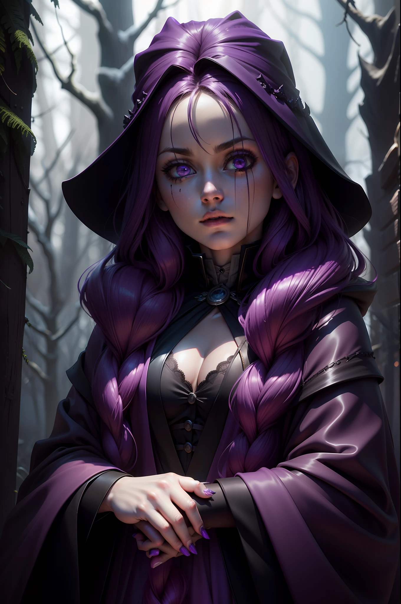 A mysterious witch cloaked in purple chaos energy, purple and black cloak, standing in a dark forest of barren trees, dark forest glowing with a powerful energy. realistic, stunning realistic photograph, 3d render, octane render, intricately detailed, cinematic, dark, gritty, 12k, high definition, cinematic, neoprene, stylized digital art, smooth, ultra high definition, 8k, ultra sharp focus, intricate artwork masterpiece, ominous, epic, highly detailed, vibrant