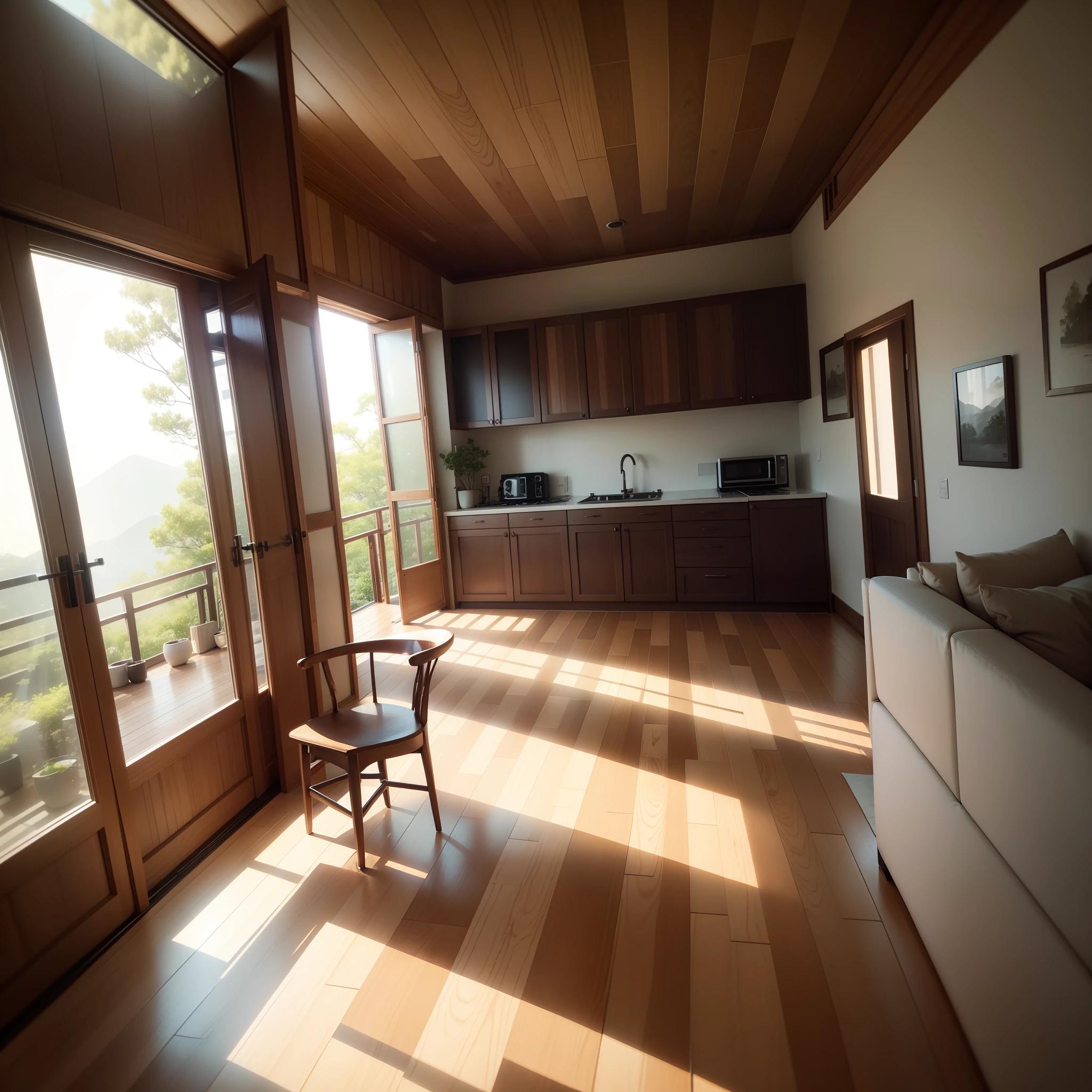 interior design、Insanely detailed wide-angle architectural photo、Cozy contemporary living room、(Bright and warm sunlight 1:0.1)、Award-winning contemporary interior design、landscapes、The table、a chair、in a house、Wooden flooring、window、resturant、east asian east asian architecture、sliding paper doors、abajour、architectural、the woods、naturey、cups、a plant、interior design、Insert lighting and shadows、depth of fields、low illuminance
