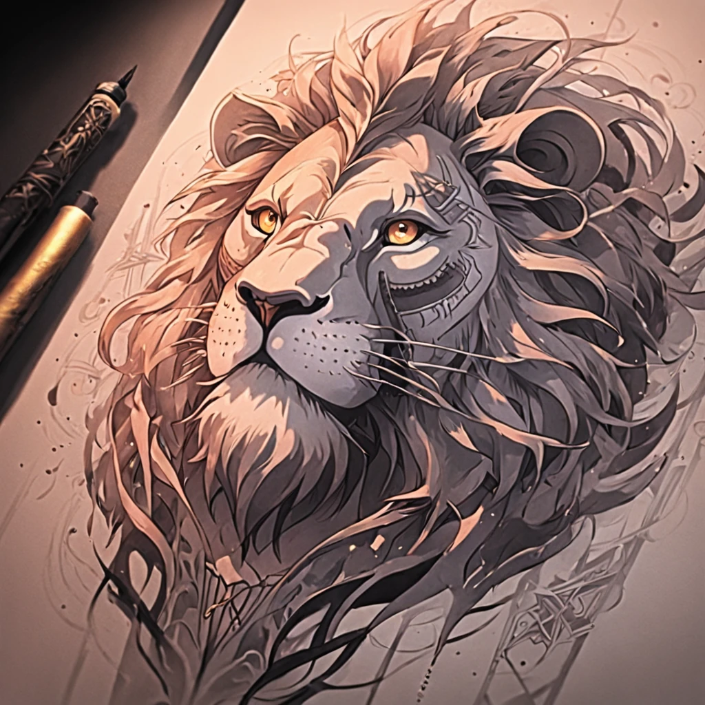 "Chicano tattoo with intricate details and bold lines, showcasing a lion in black and gray, perfectly balanced using the golden ratio."