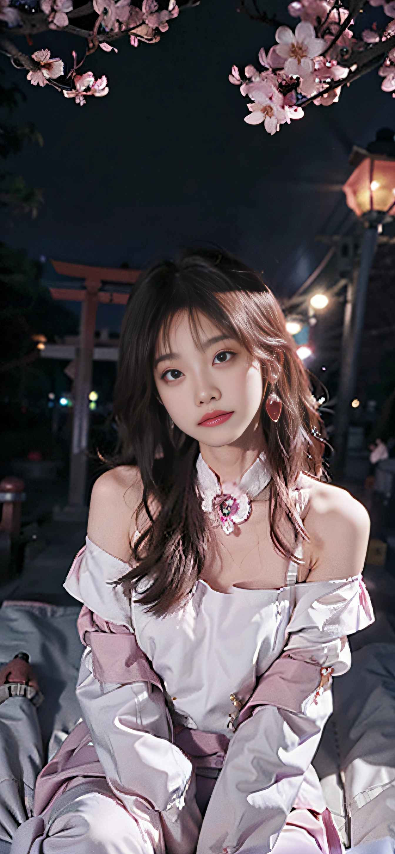 _Girl_,(Ulzzang-6500:0.7), Bare shoulders, Long hair, Open clothes, Best quality, (hair adornments: 1.35), jewelry, Purple eyes, Earrings, Breasts, Torii, Cherry blossoms, lantern light, Depth of field, Clear face, Facial focus, sitting on bed,