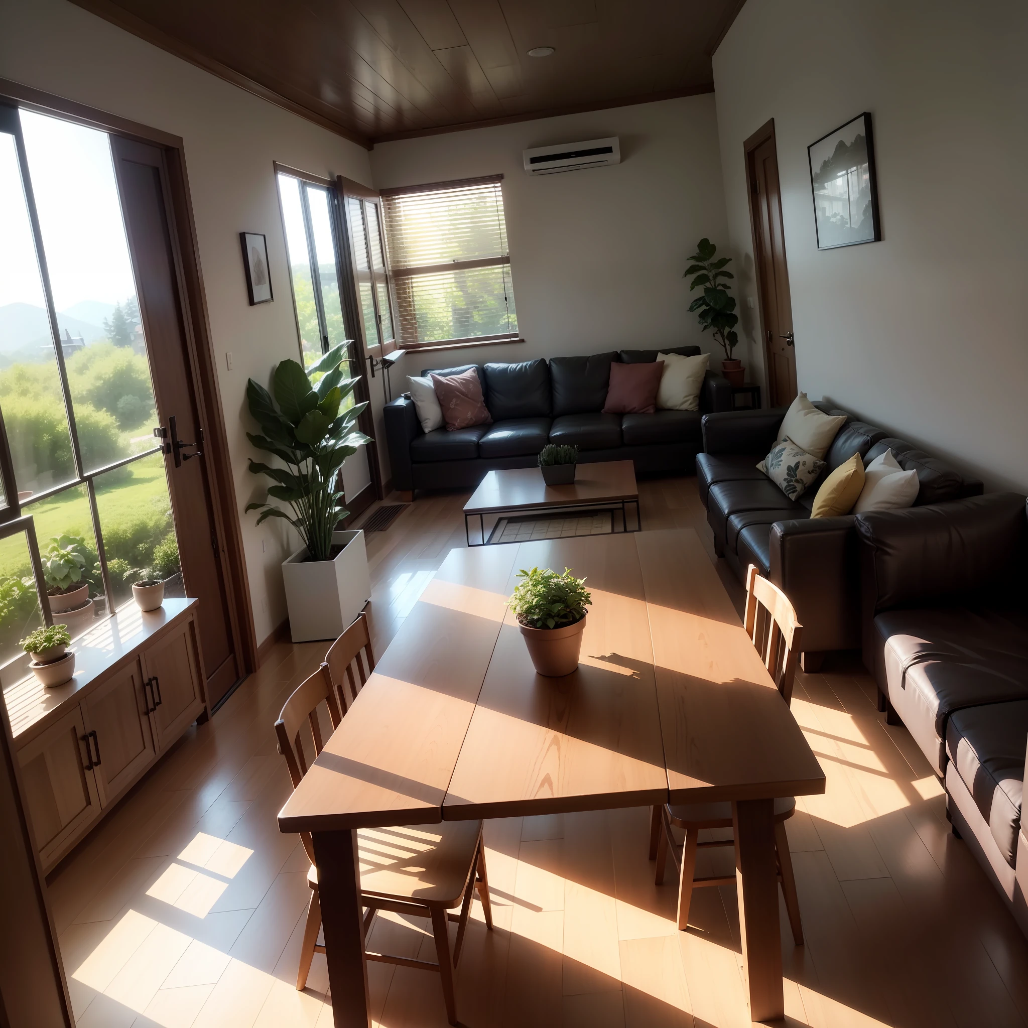 interior design、Insanely detailed wide-angle architectural photo、Cozy contemporary living room、(Bright and warm sunlight 1:0.1)、Award-winning contemporary interior design、landscapes、The table、a chair、in a house、Wooden flooring、window、resturant、east asian east asian architecture、sliding paper doors、abajour、architectural、the woods、naturey、cups、a plant、interior design、Insert lighting and shadows、depth of fields、low illuminance