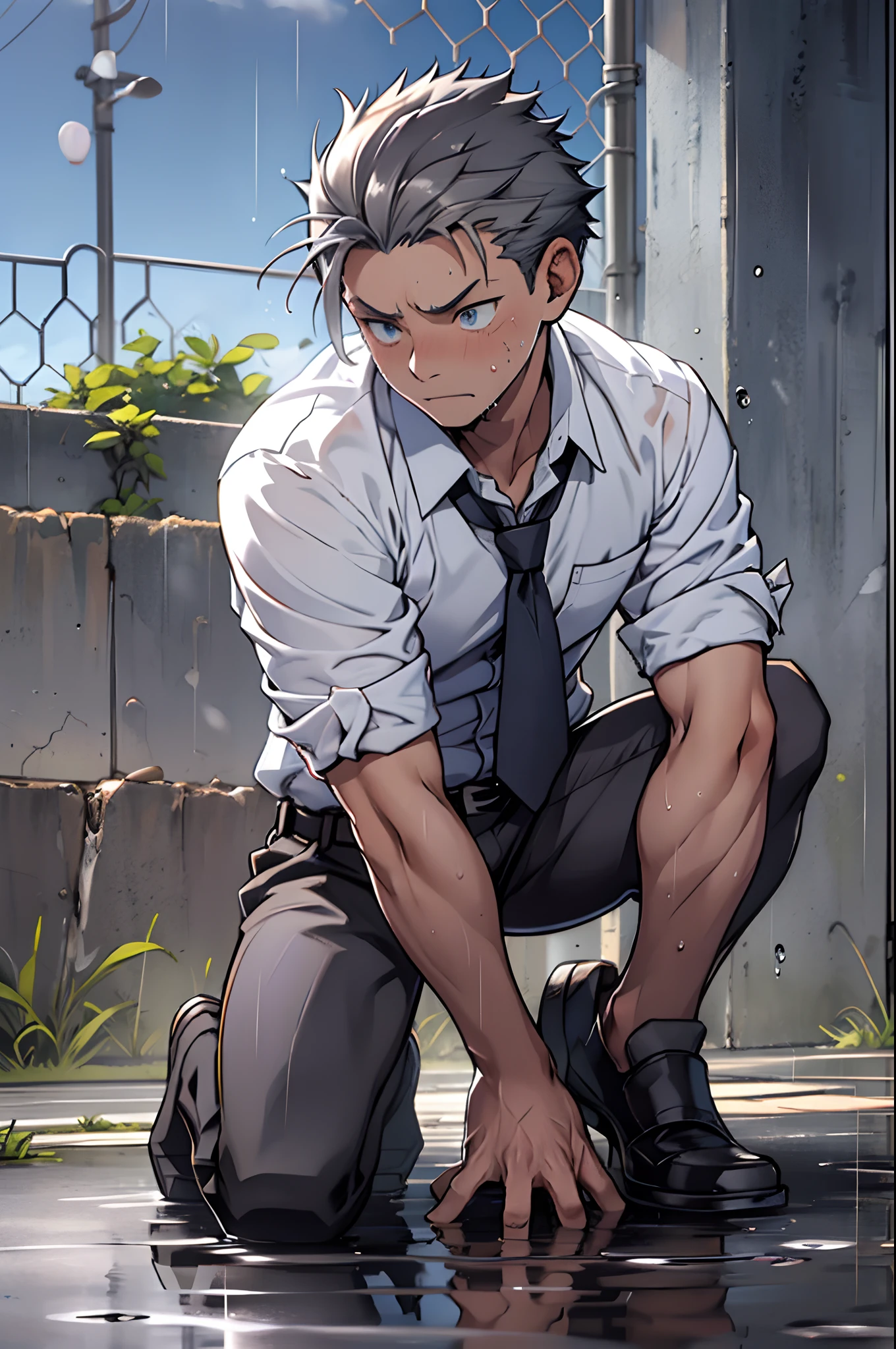 (1 Adult male),A high resolution, Sharp focus, Pixiv masterpiece, ((Complicated details)), highly detailed, natsuki_subaru, 1 man,Defeat, crestfallen,full bodyesbian,kneels on the ground, Sweaty crotch,Pee on the legs,pissing,Urine runs down the thighs,embarressed,exhilarated,is shocked,panicking,worry,A small puddle of their own urine forms around the feet,Urine runs down the crotch,Drenched,rain,The shirt is soaked,(A gesture of pleading),blue color eyes(eyes glowing), Short gray hair,white shirt,Wear a tie,Wear a belt,perspire