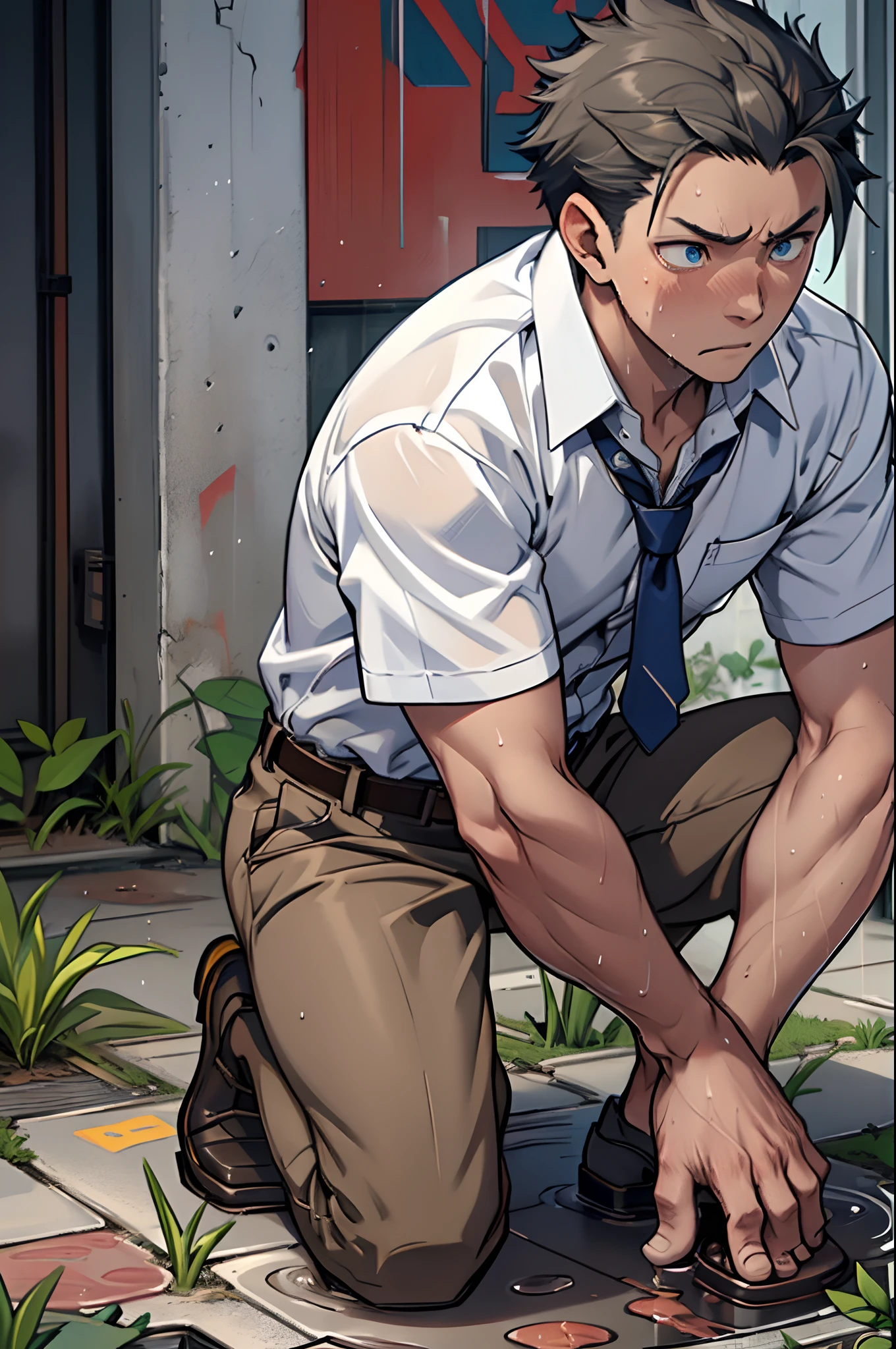 (1 Adult male),A high resolution, Sharp focus, Pixiv masterpiece, ((Complicated details)), highly detailed, natsuki_subaru, 1 man,Lying in the mud, Nervous,full bodyesbian, Golden eyes(eyes glowing), Short blue hair,white shirt,Wear a tie,Wear a belt,perspire,rain,Drenched,Sweaty crotch,Urine flows from the crotch,pissing,Pee on the legs,Urine clumsily runs down the thighs,Lie down,legs separated,Pants are wet,Wet diapers,exhilarated,is shocked,panicking,worry,A small puddle of your own urine forms under your feet