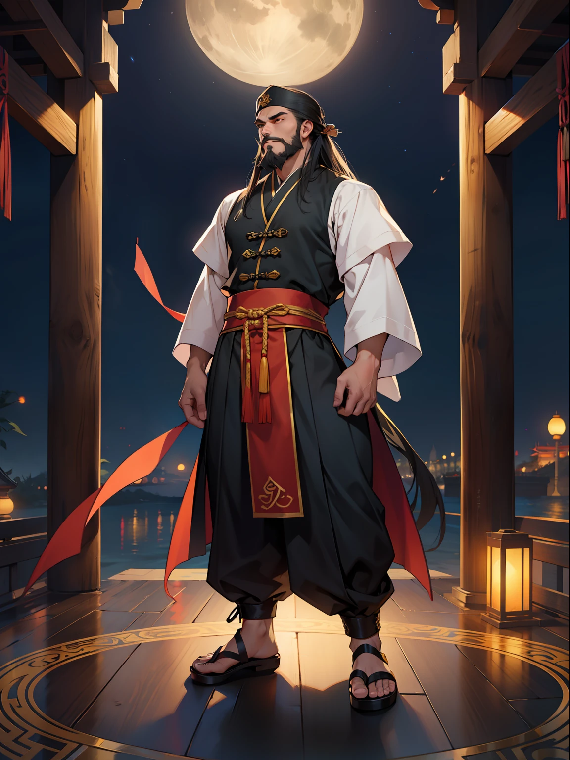 of a guy,sbeard,Long hair,Douluo costume,the night,standing on your feet,Taoist,