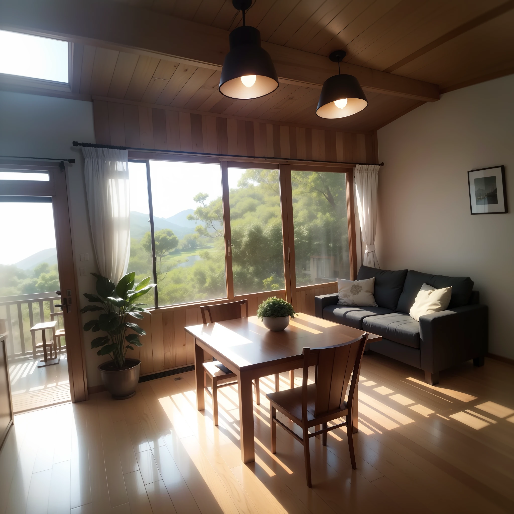 interior design、Insanely detailed wide-angle architectural photo、Cozy contemporary living room、(Bright and warm sunlight 1:0.1)、Award-winning contemporary interior design、landscapes、The table、a chair、in a house、Wooden flooring、window、resturant、east asian east asian architecture、sliding paper doors、abajour、architectural、the woods、naturey、cups、a plant、interior design、Insert lighting and shadows、depth of fields、low illuminance
